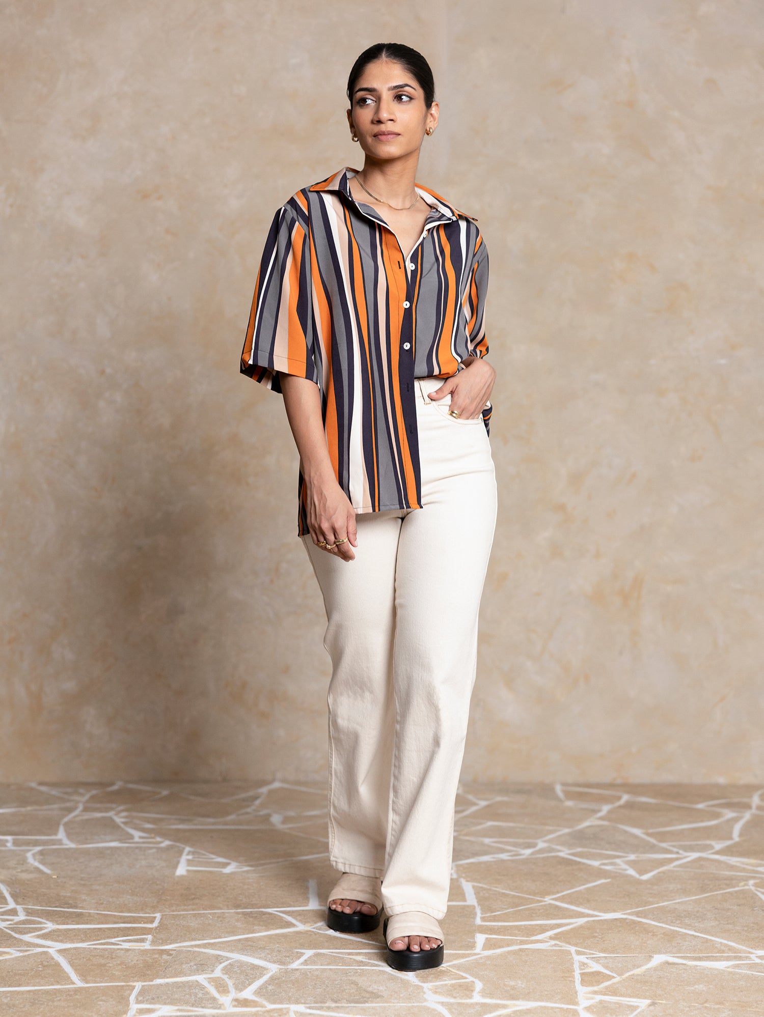 Button Down Short Sleeved Printed Top
