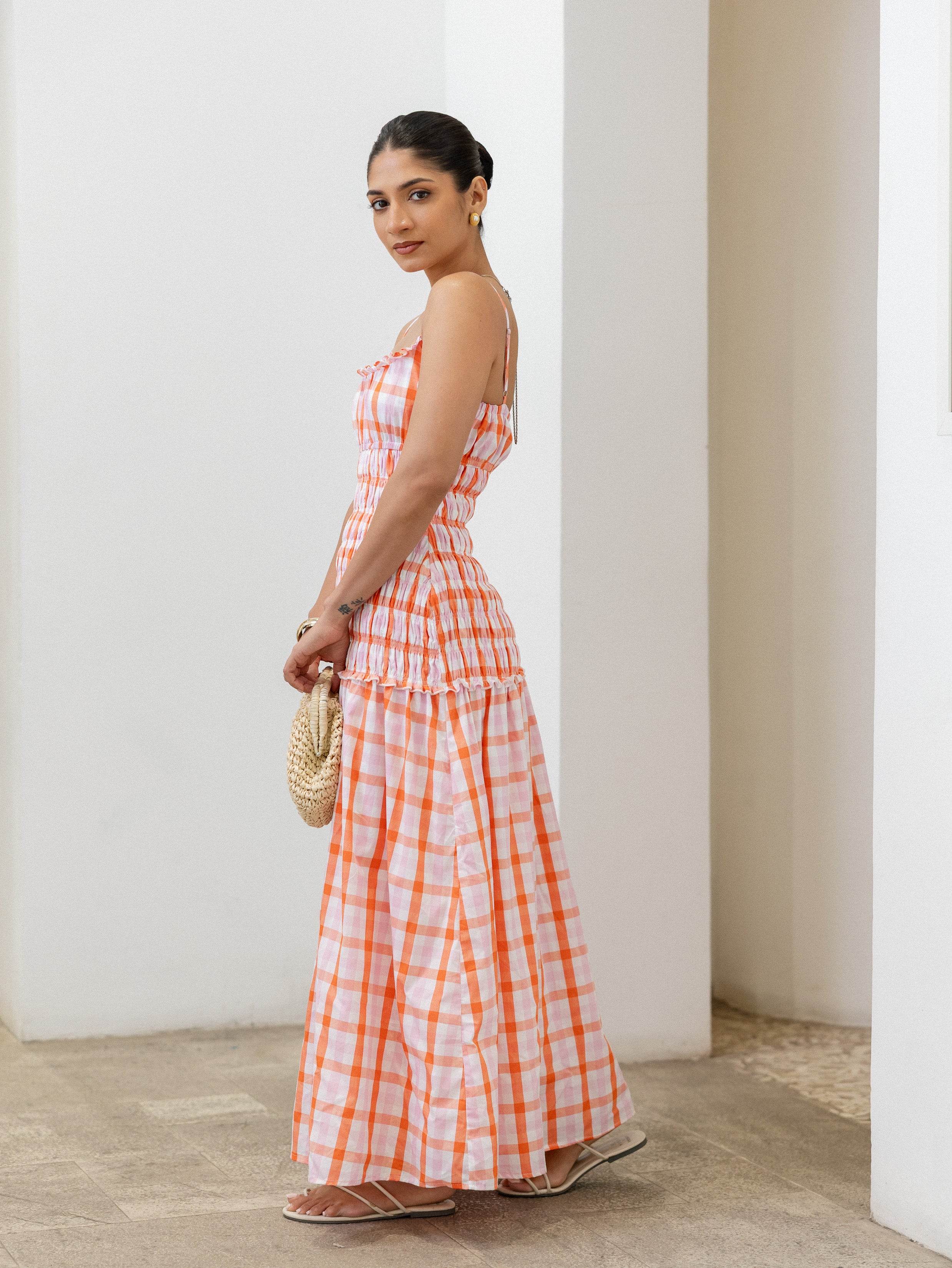 Bustier Detail Checkered Maxi Dress
