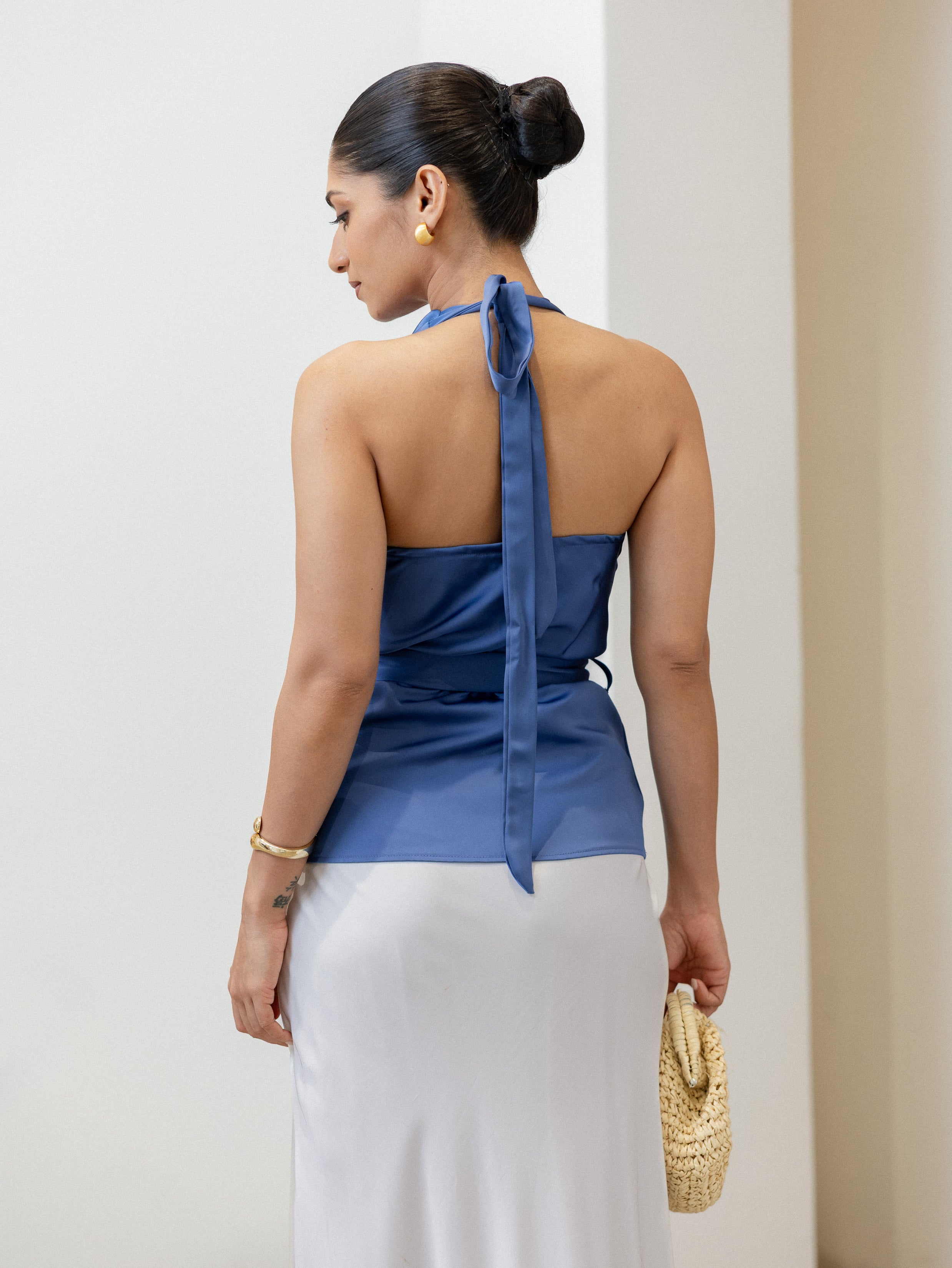 Satin Cowl Neck Tie Up Top