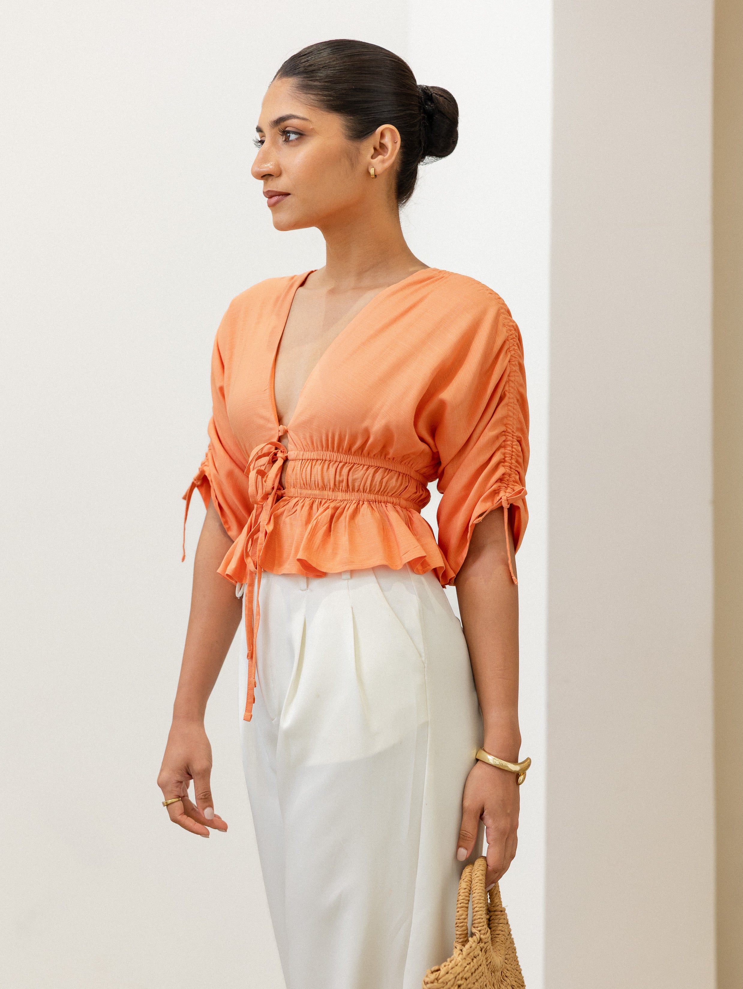 Ruched Detailed Front Tie Up Top