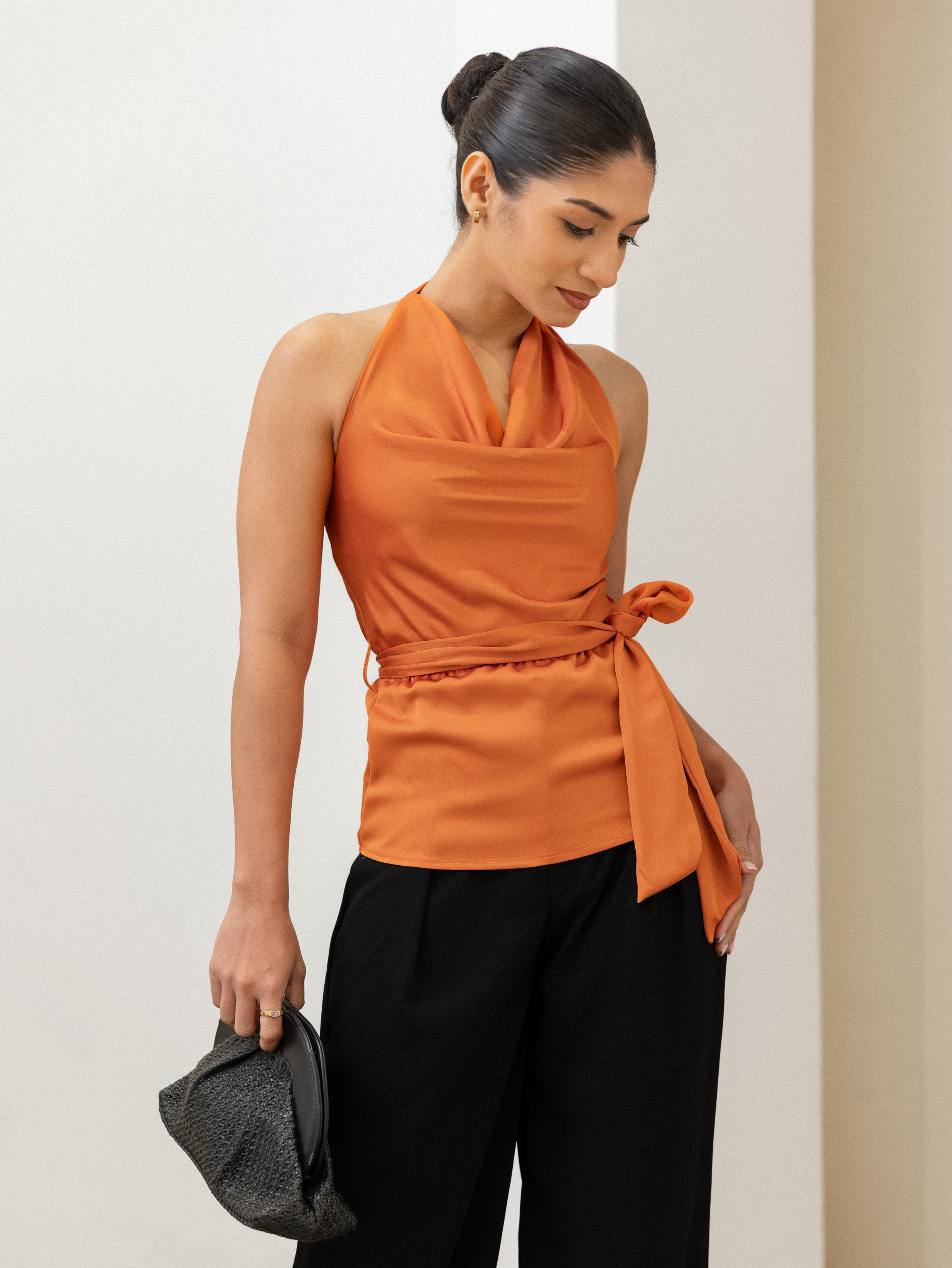 Satin Cowl Neck Tie Up Top