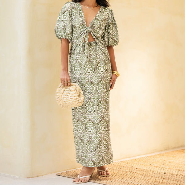 Front Tie-Up Dteail Midi Dress