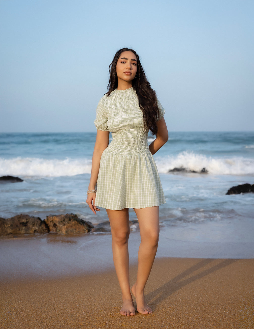 High Neck Puff Sleeved Smocking Detailed Mini Dress