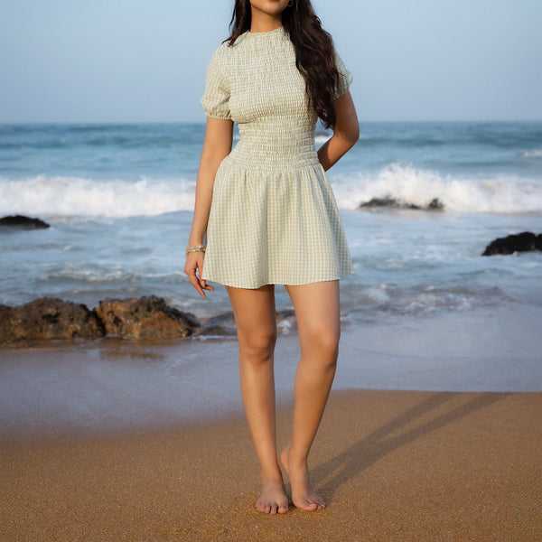 High Neck Puff Sleeved Smocking Detailed Mini Dress