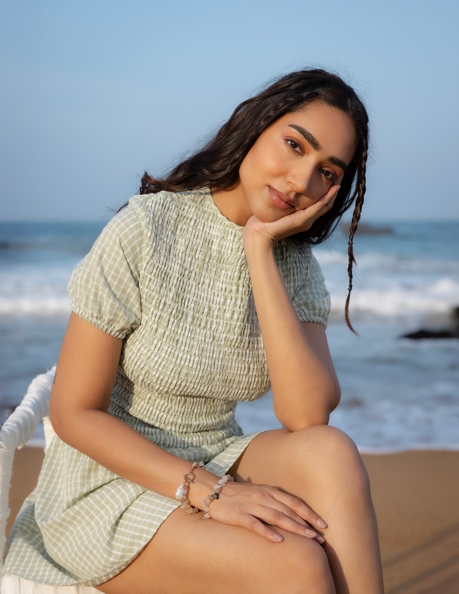 High Neck Puff Sleeved Smocking Detailed Mini Dress