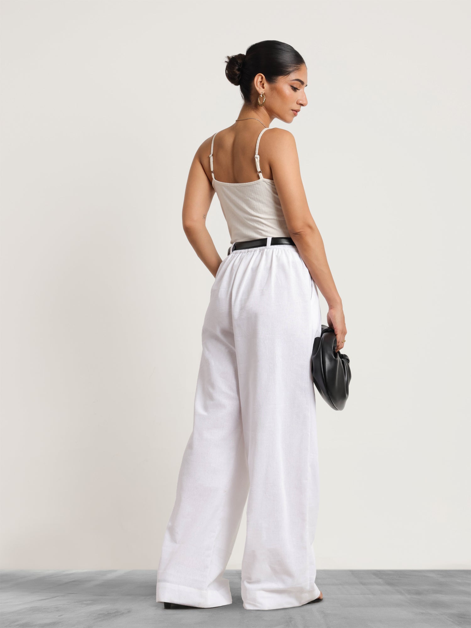 Back Elasticated Front Pleated Wide Leg Linen Pant
