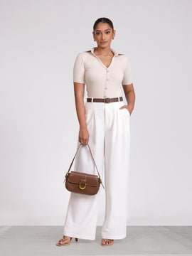 Front Pleated Mid Waist Wide Leg Pant