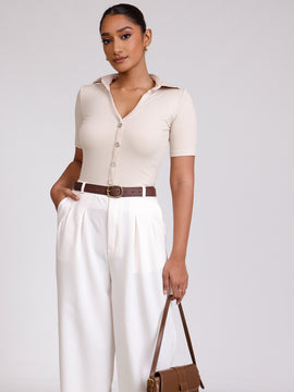 Front Pleated Mid Waist Wide Leg Pant