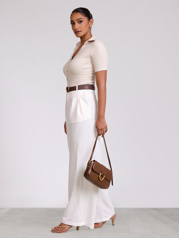 Front Pleated Mid Waist Wide Leg Pant