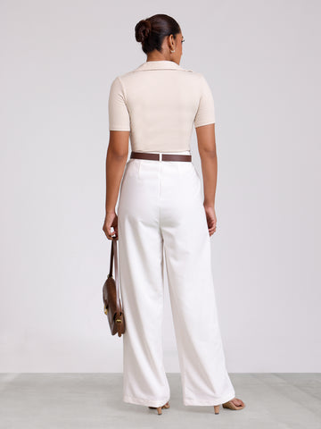 Front Pleated Mid Waist Wide Leg Pant