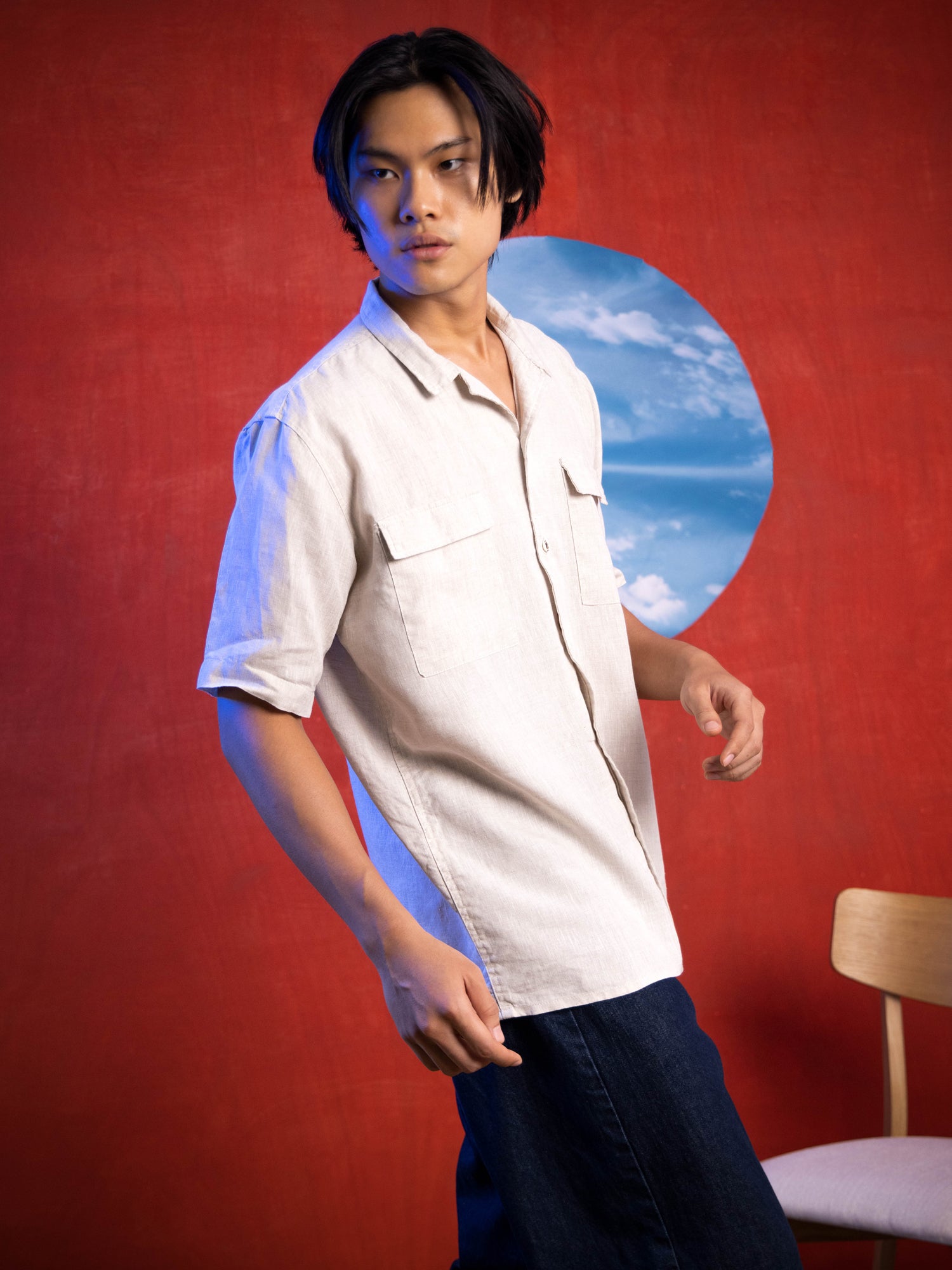 Double chest pocket detailed linen shirt