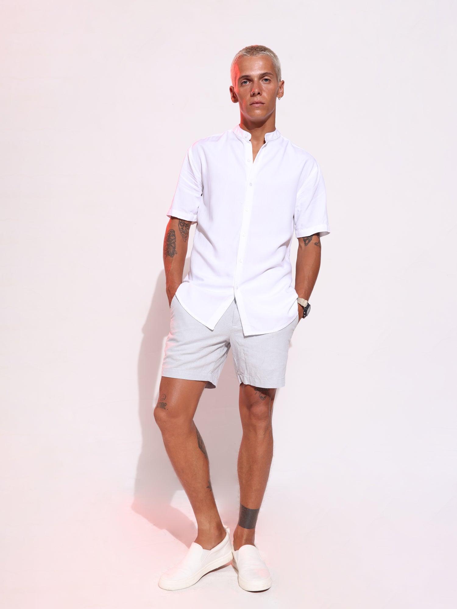 Short sleeved chinese collar shirt