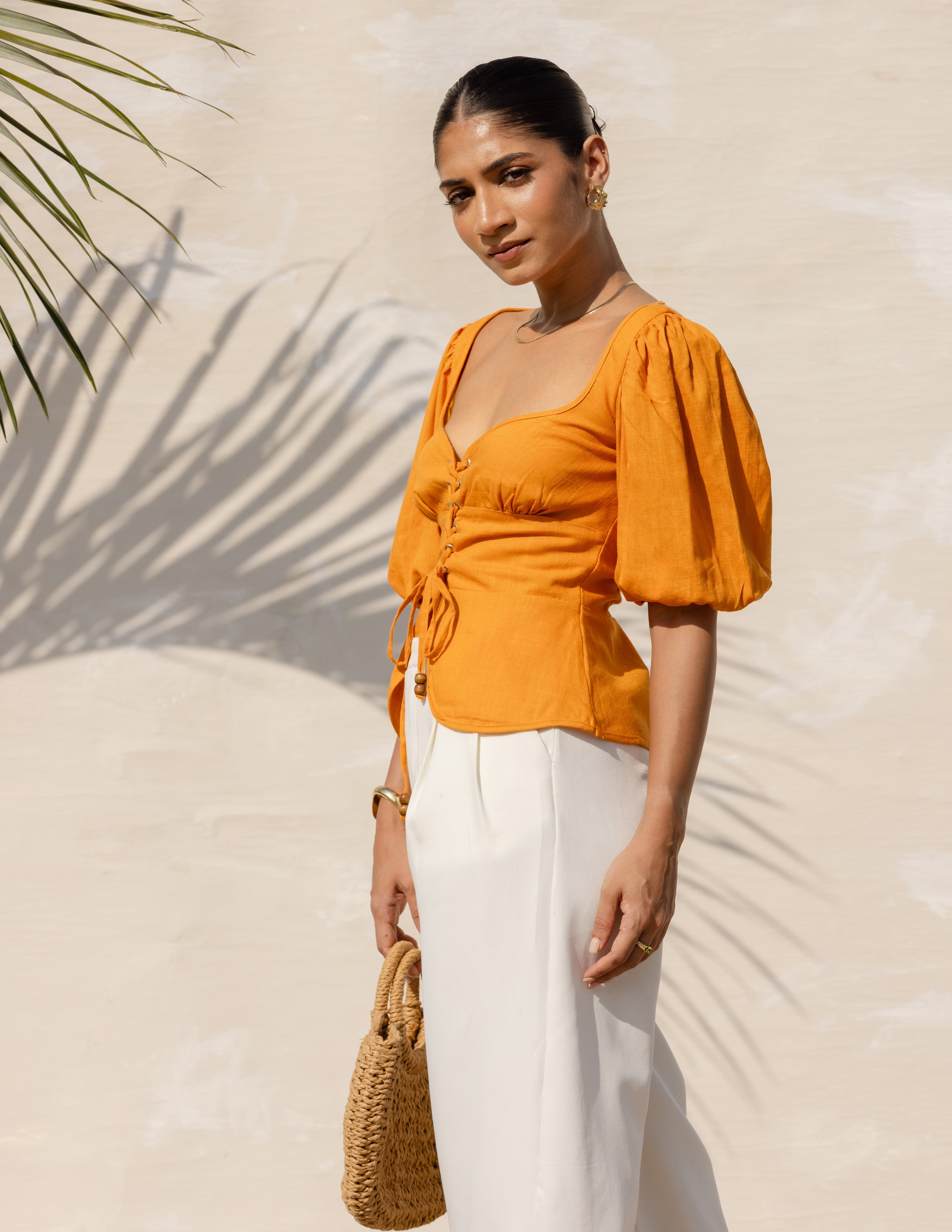 Balloon Sleeved Front Tie Up Top