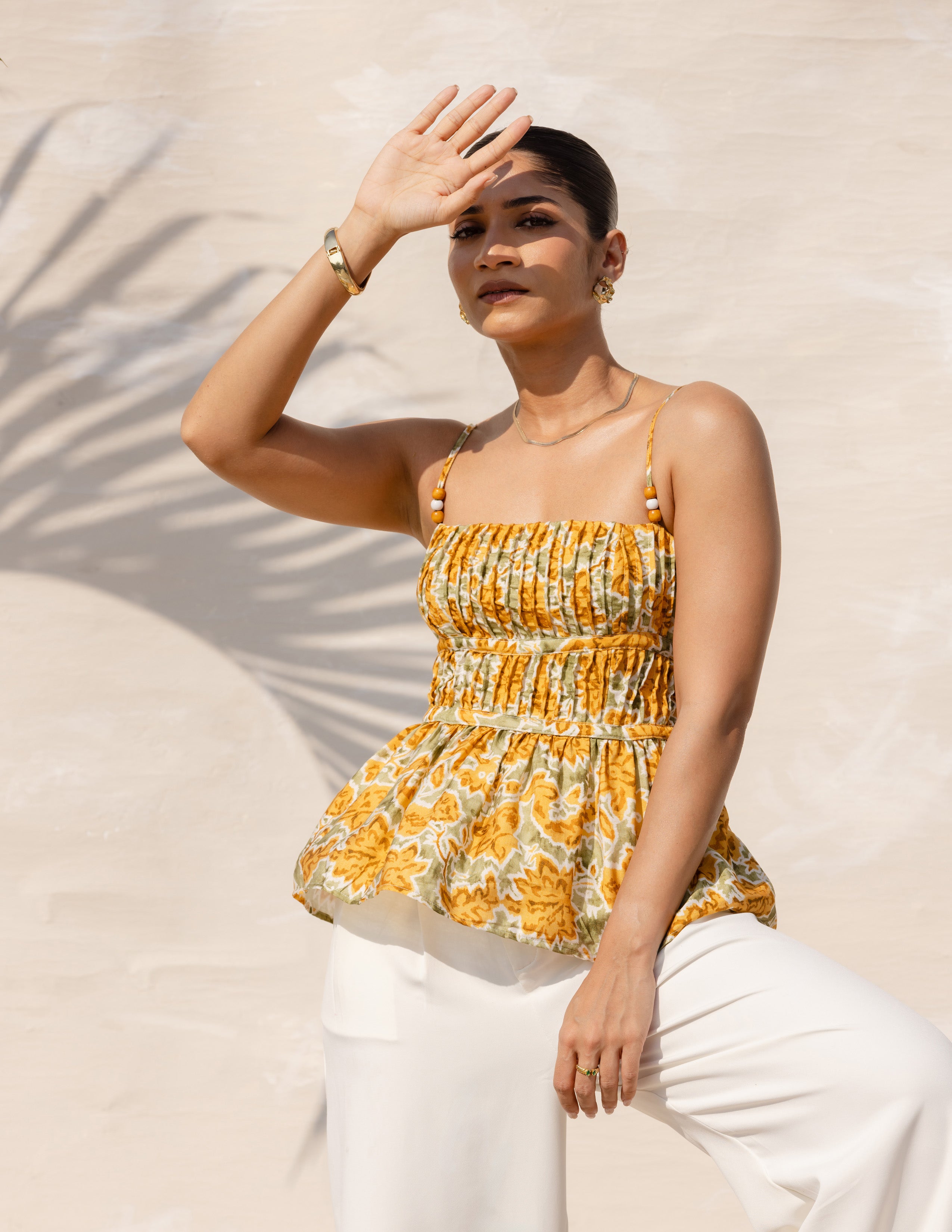 Pin Tuck Detailed Sleeveless Printed Top