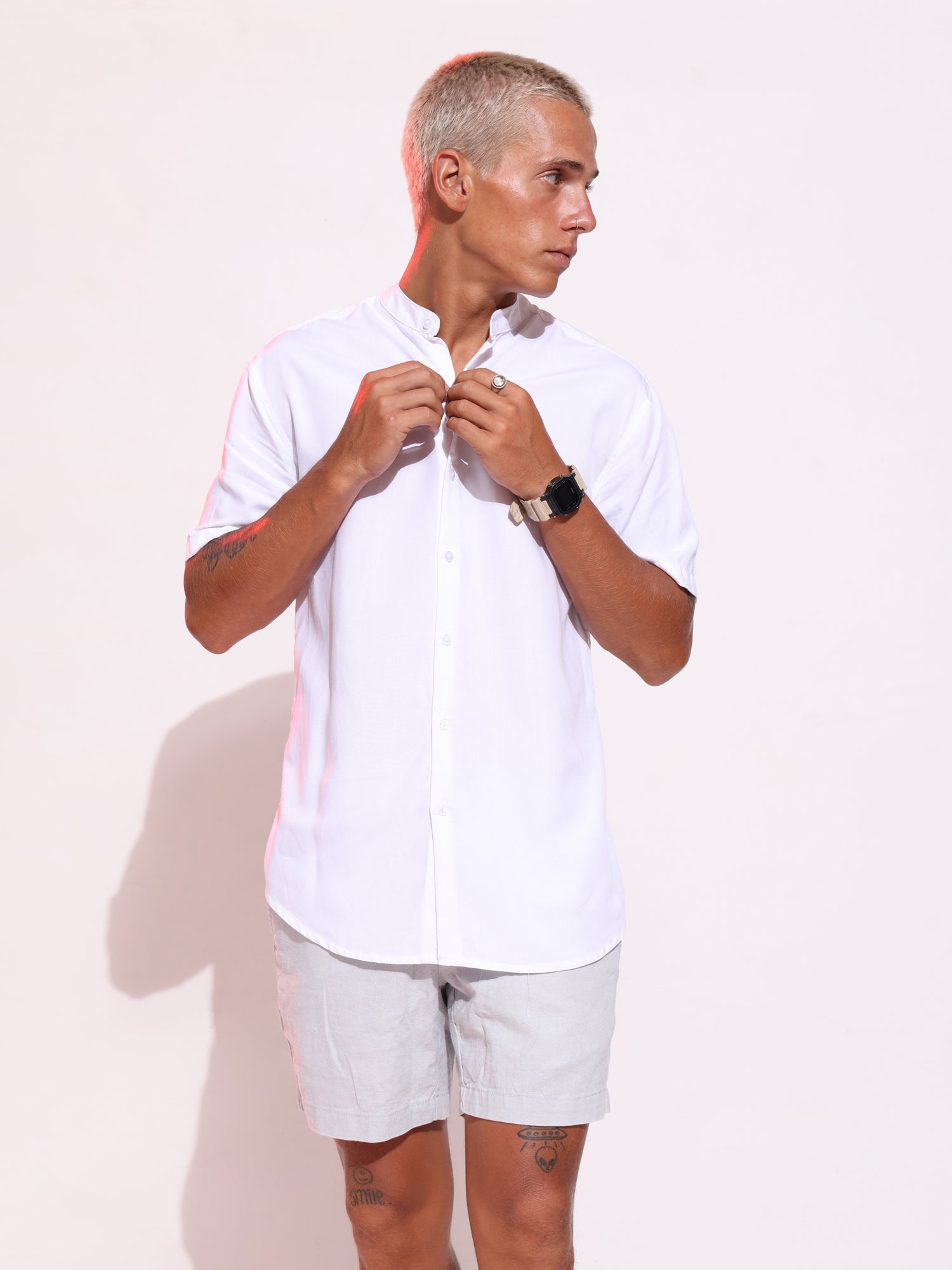 Short sleeved chinese collar shirt