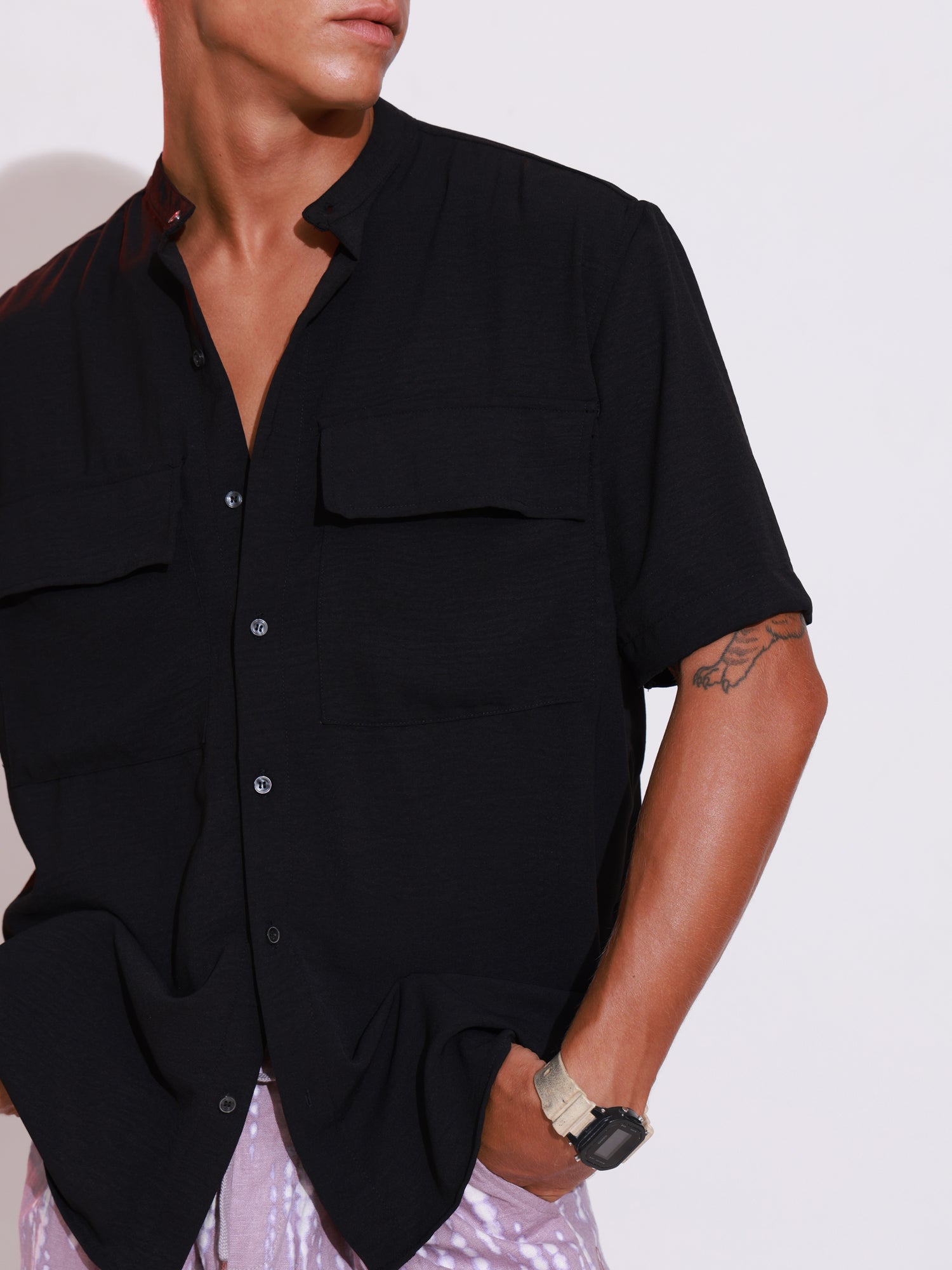 Short sleeved chinese collar shirt