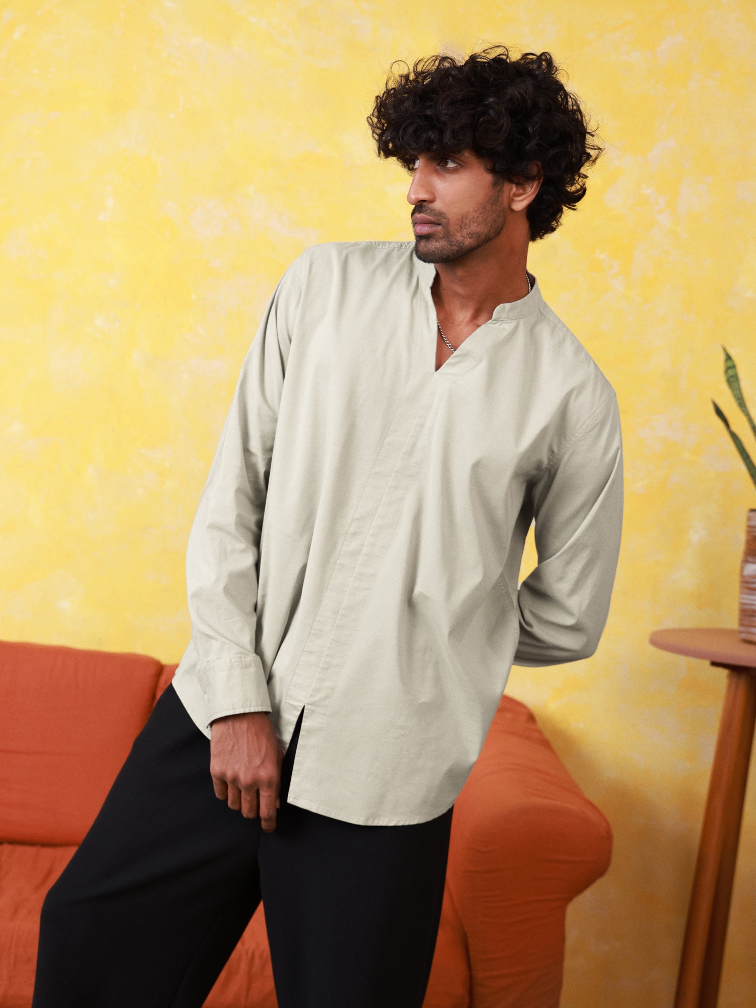 Chinese Collar Detailed Polyester Shirt