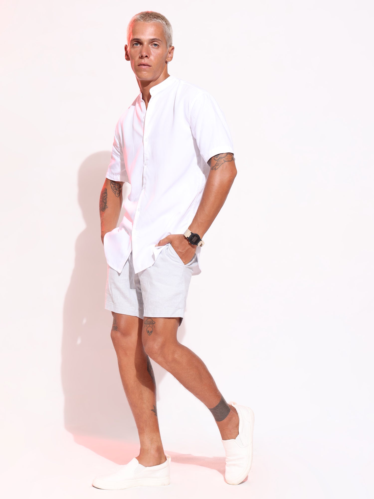 Short sleeved chinese collar shirt