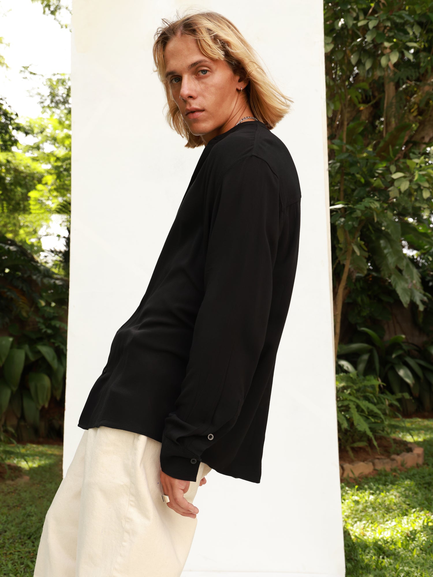 Oversized L/S chinese collar shirt