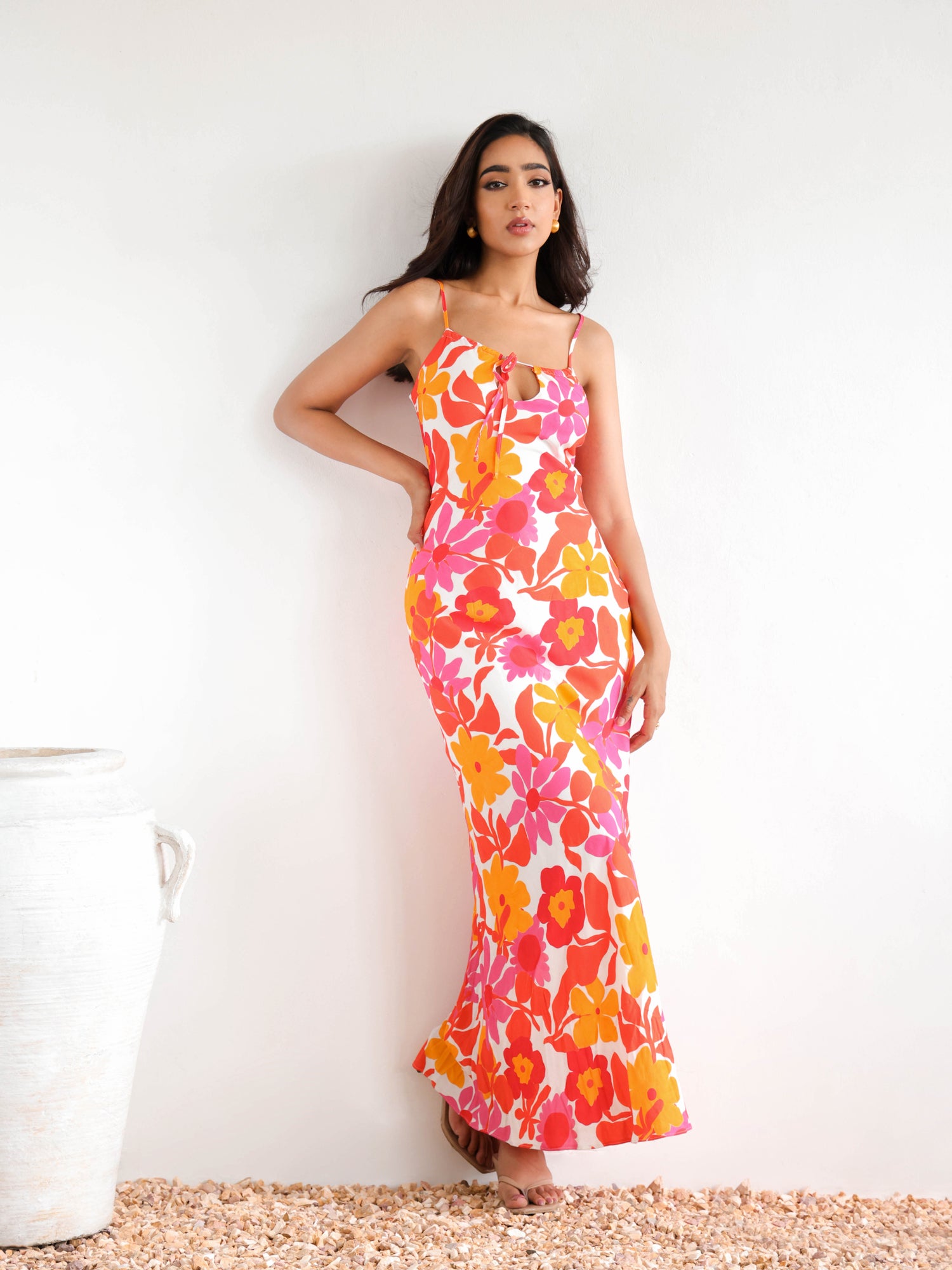Front Tie Up Printed Bias Maxi Dress