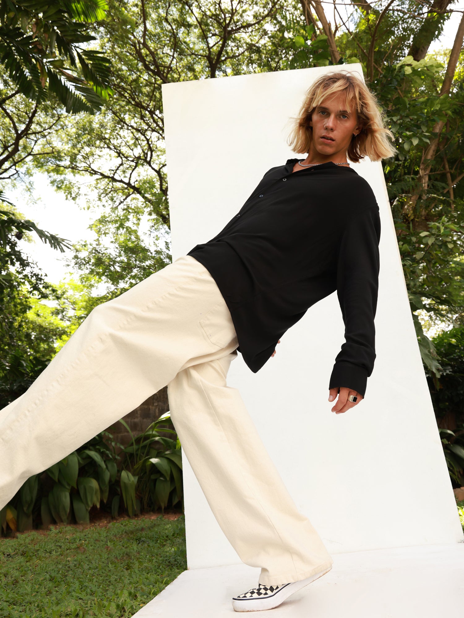 Oversized L/S chinese collar shirt