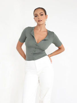 Button Down Short Sleeve Rib Top