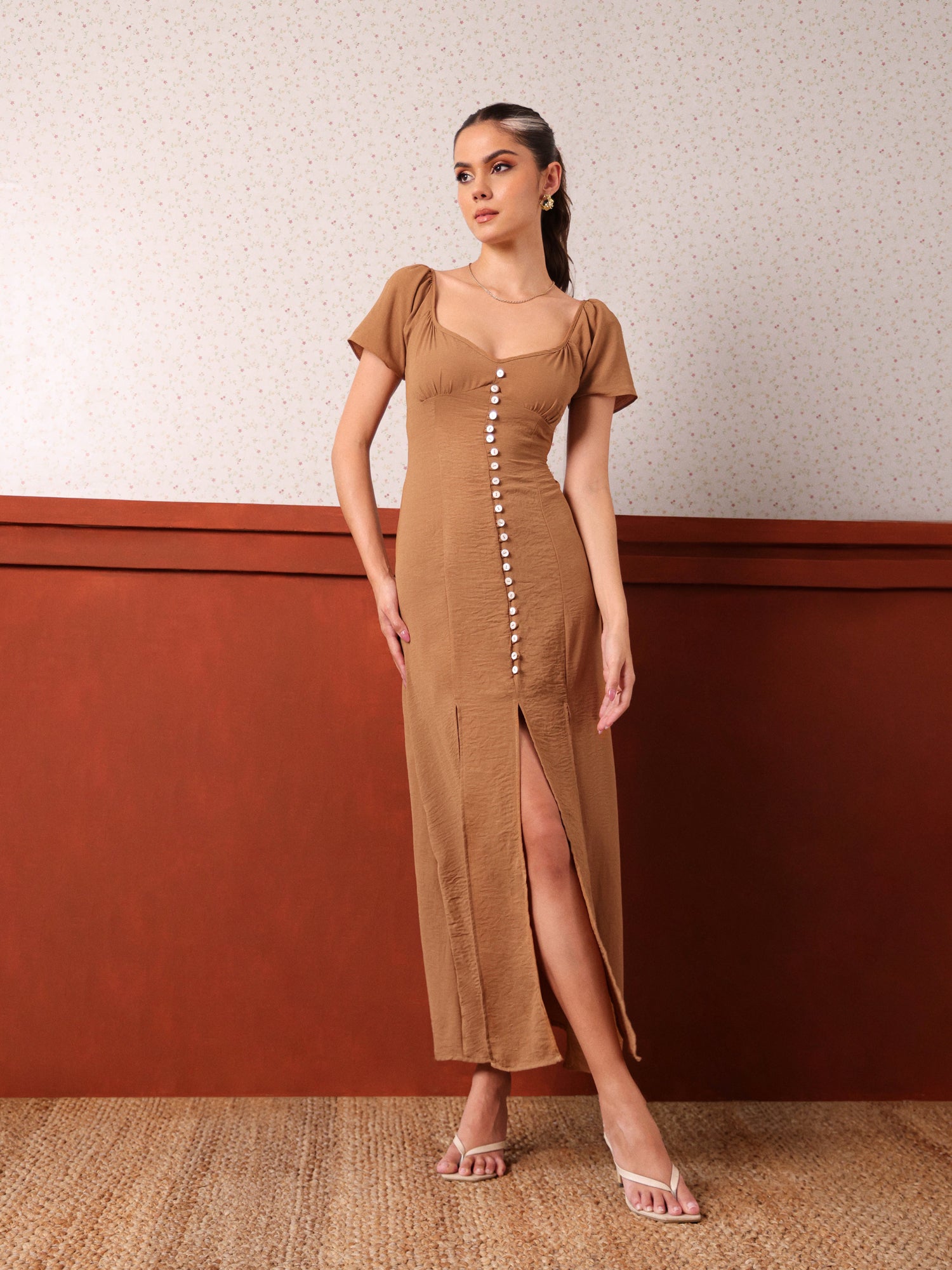 Button Down Bustier Detailed Maxi Dress