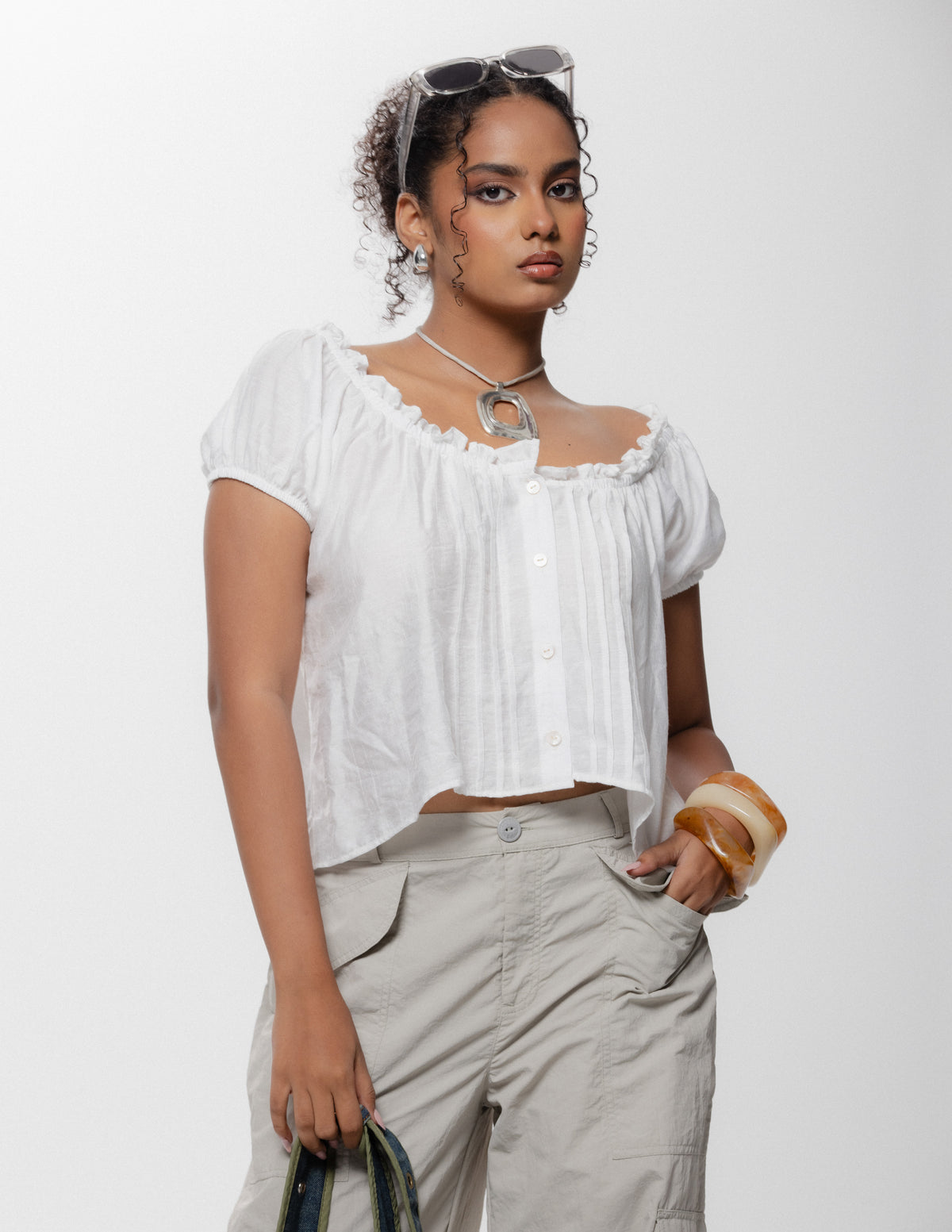 Pintuck Detailed Button Down Top
