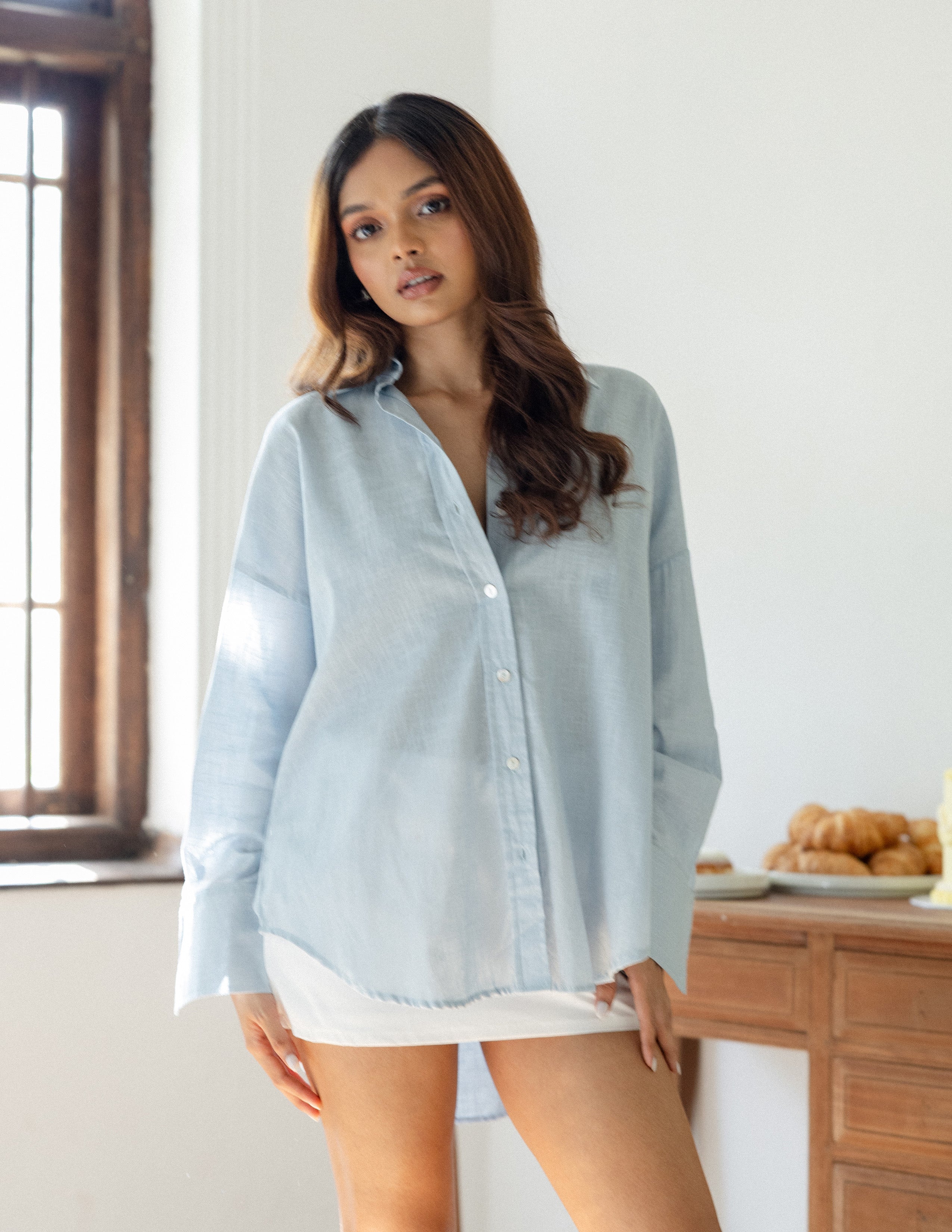 Collar Detailed Button Down Long Sleeved Top