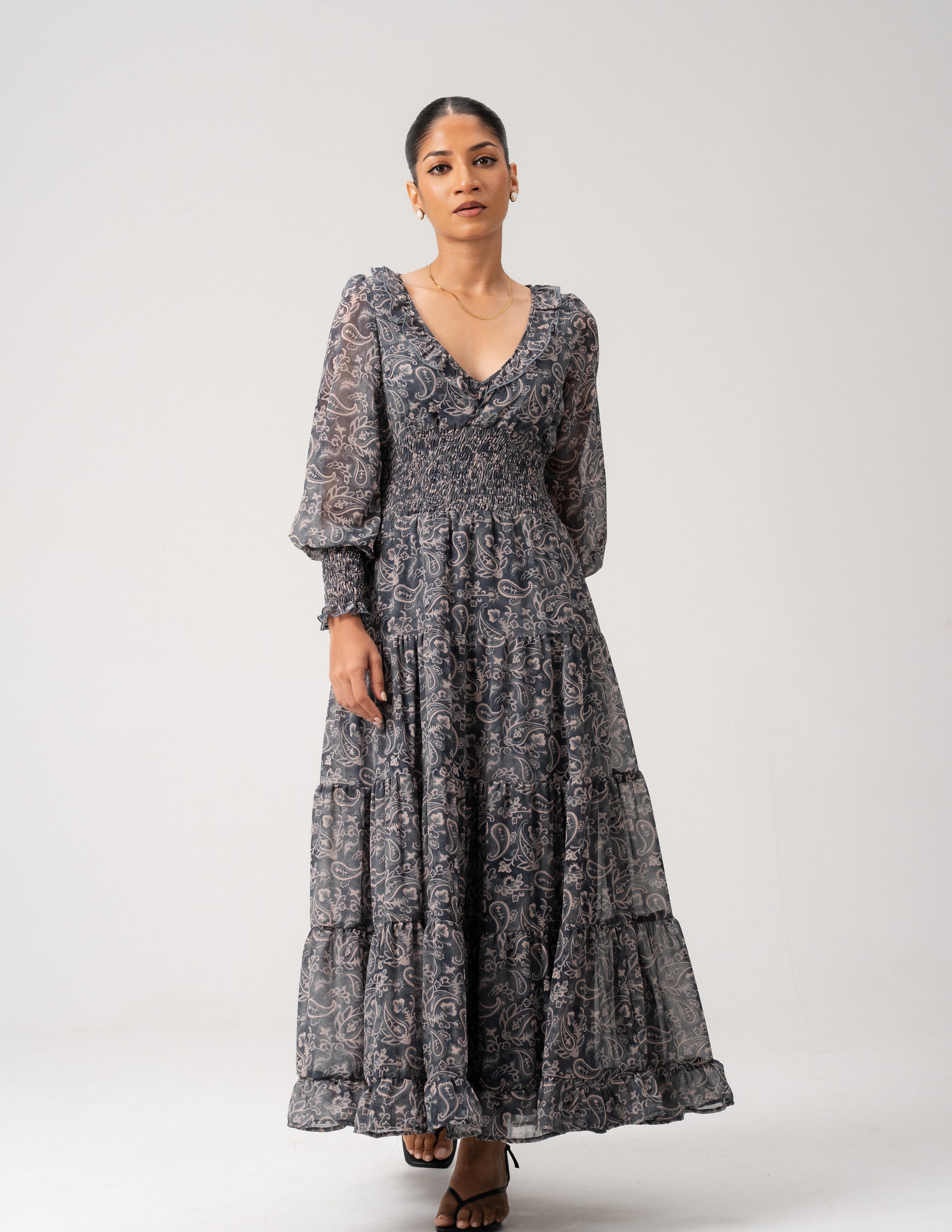 Bustier Detail Long Sleeve Maxi Dress