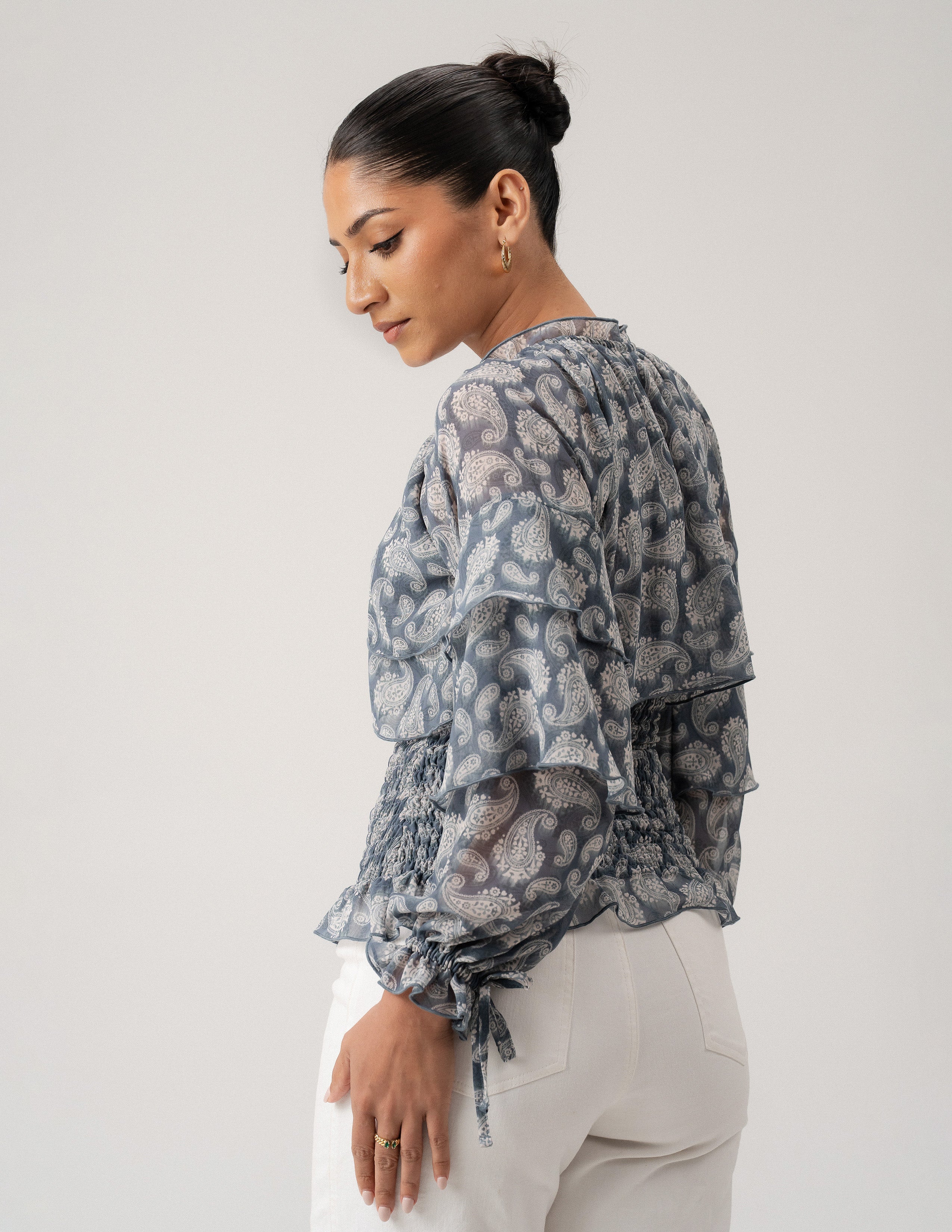Frill Detailed Long Sleeve Smocked Top