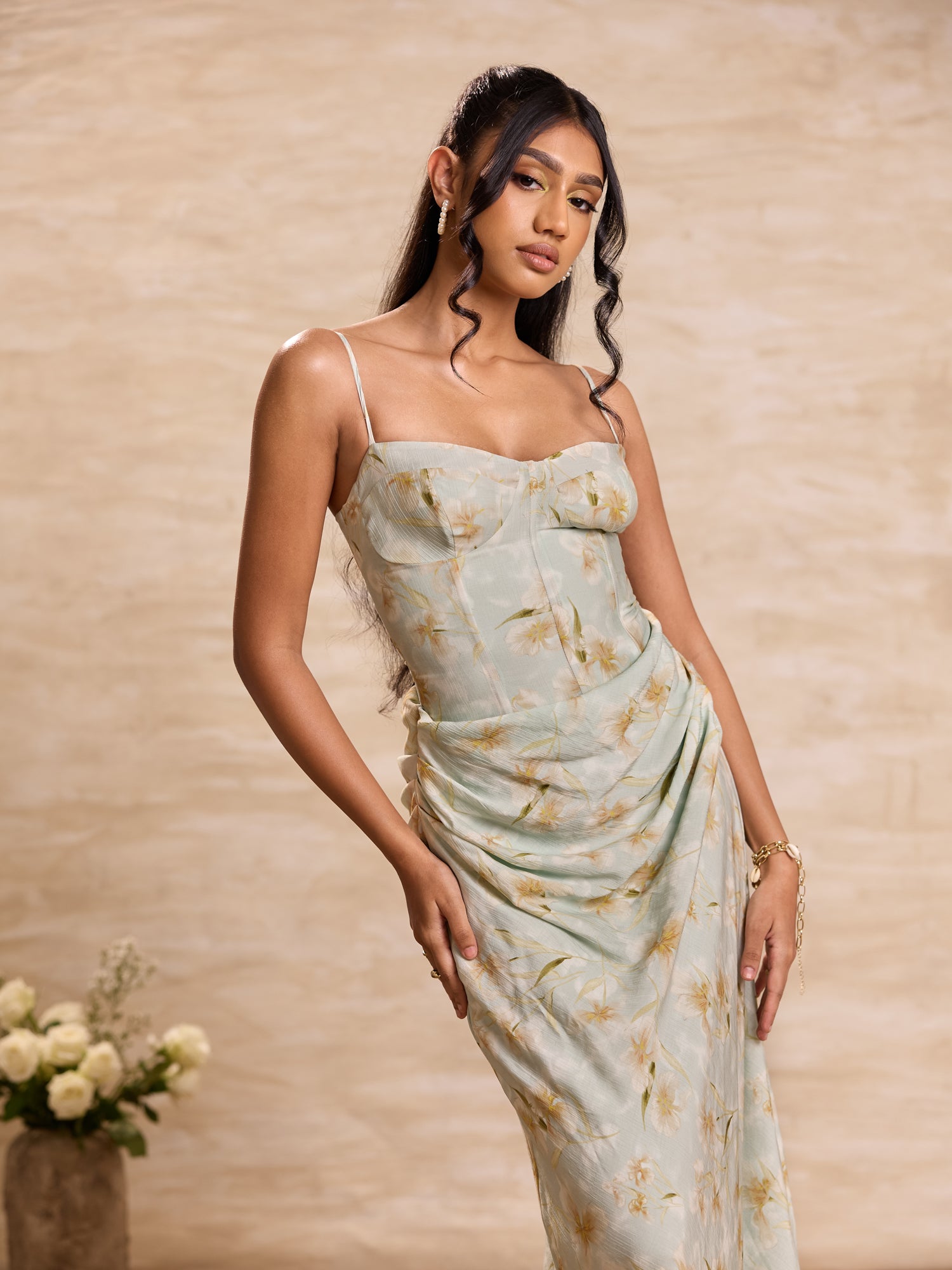 Corset Cowl Waisted Maxi Dress