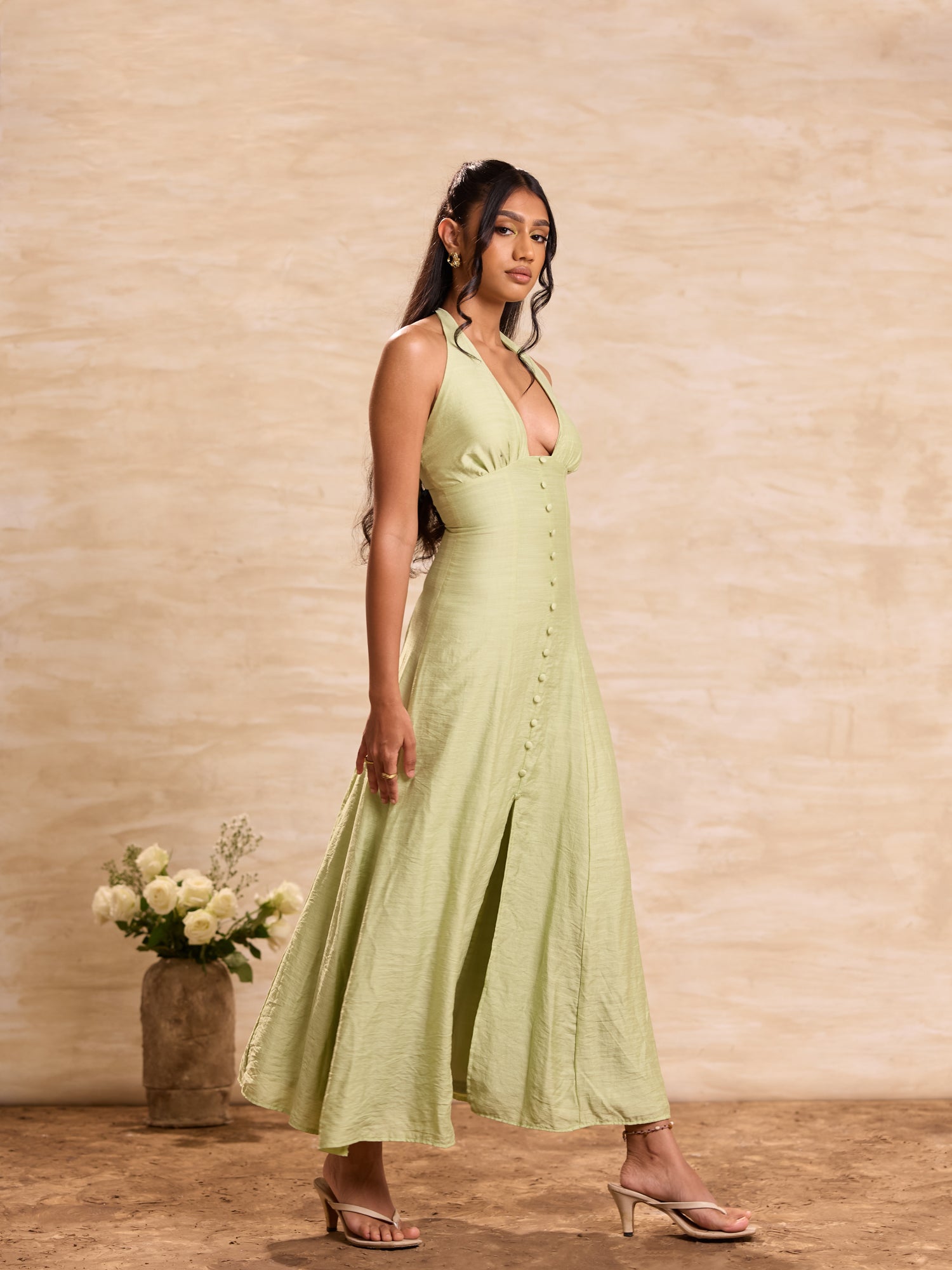 Halter Deep Neck Cover Button Detailed Maxi Dress