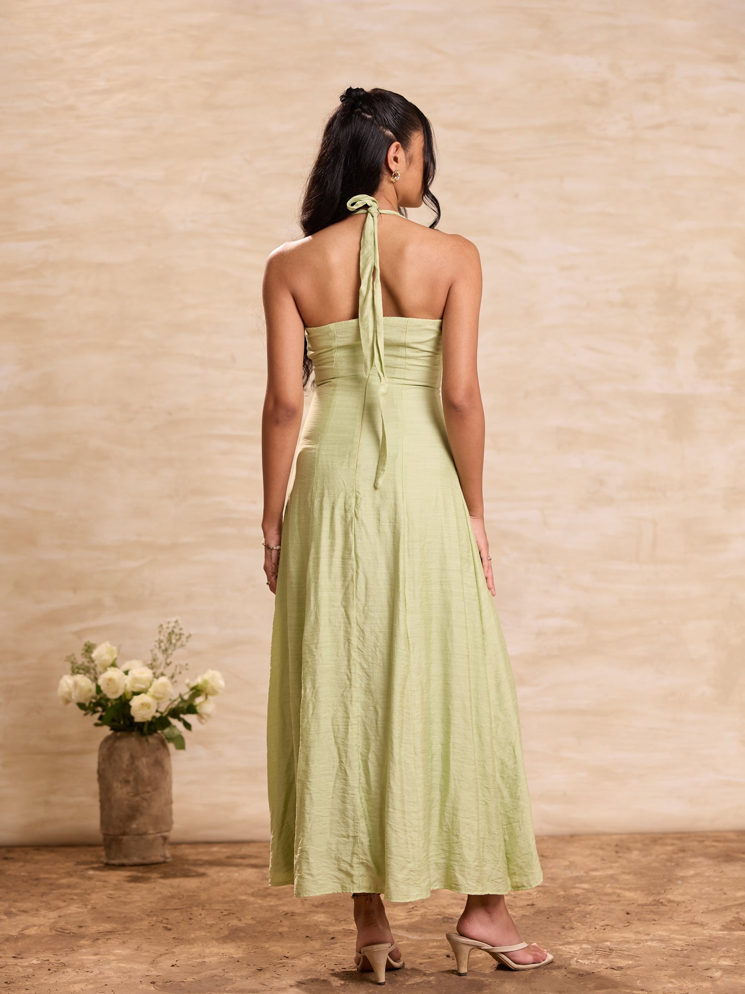 Halter Deep Neck Cover Button Detailed Maxi Dress