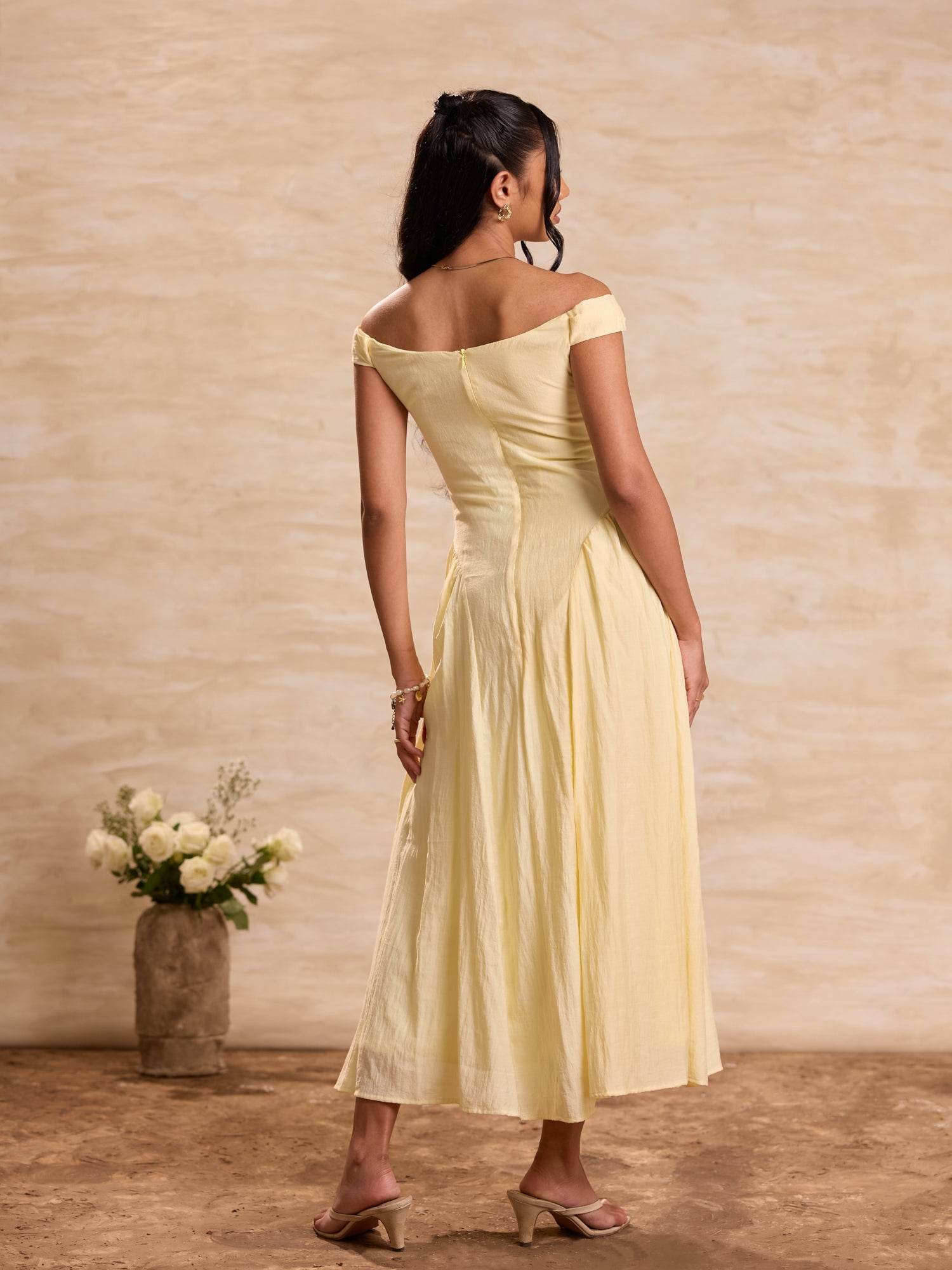 Off Shoulder Button Detailed Midi Dress