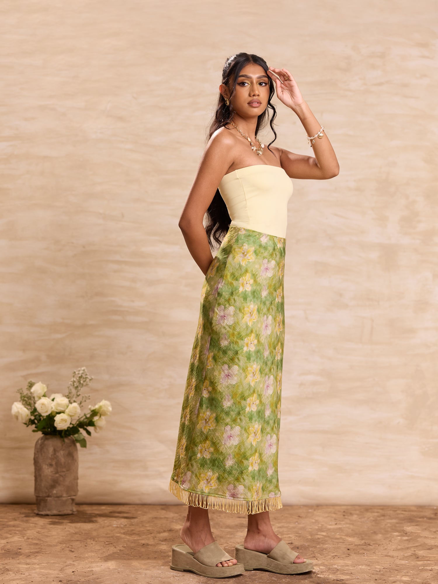 Fringe Detailed Printed Midi Skirt