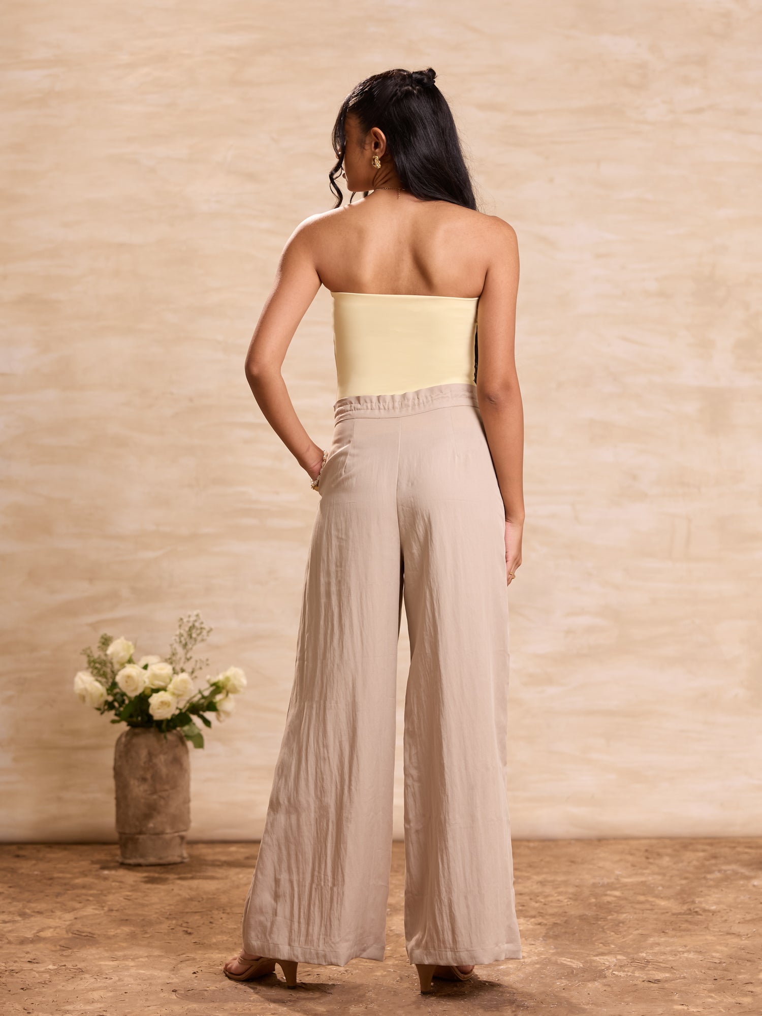 Front Pleated Tie Up Wide Leg Pant