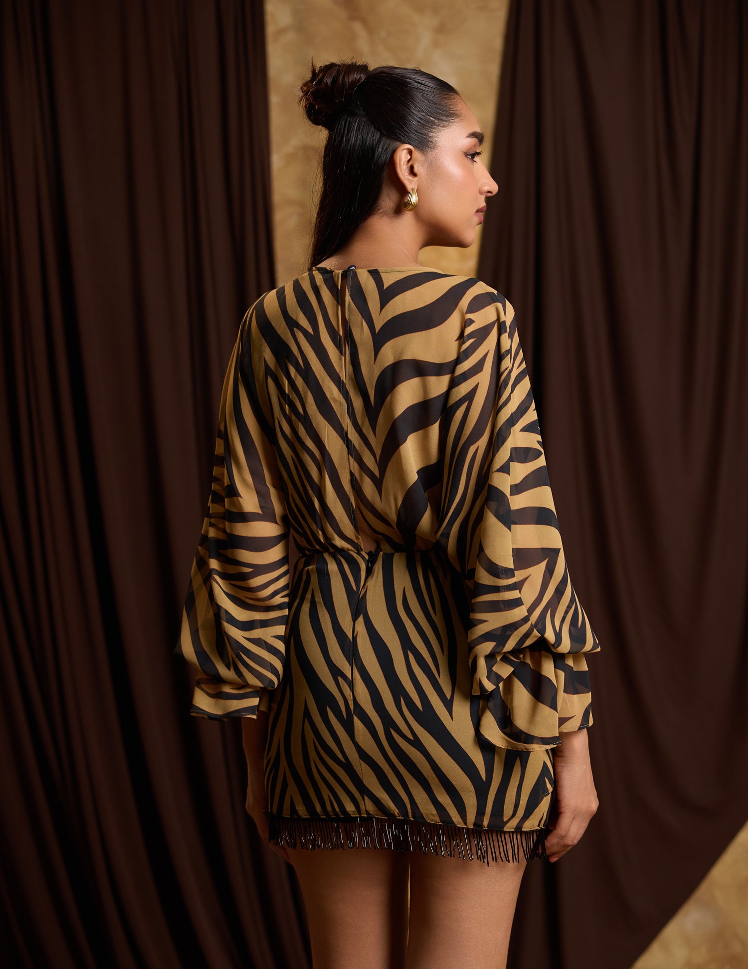 Fringe Detailed Front Mock Wrap Long Sleeved Mini Dress