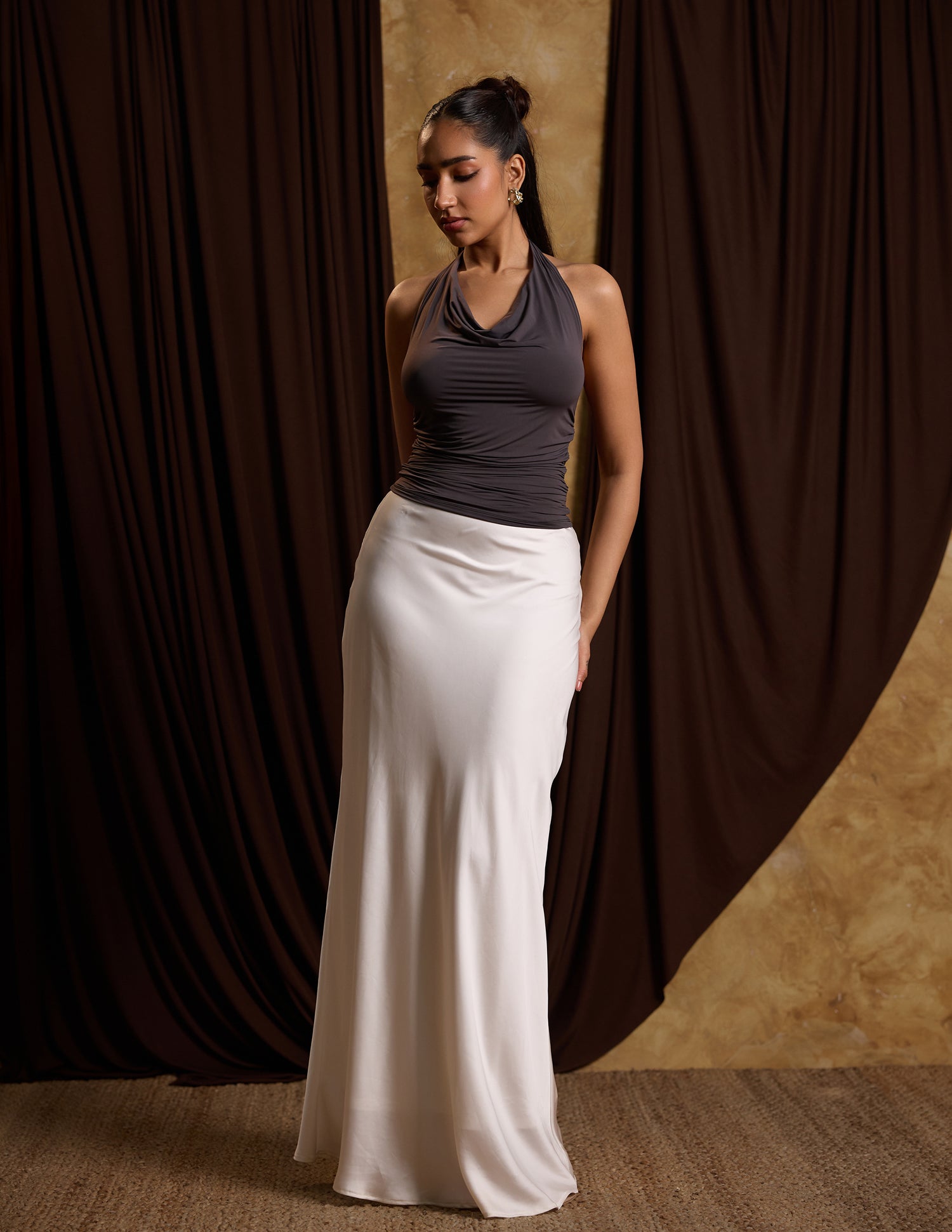 Front Cowl Neck Side Ruched Neck Tie Up Fitted Top