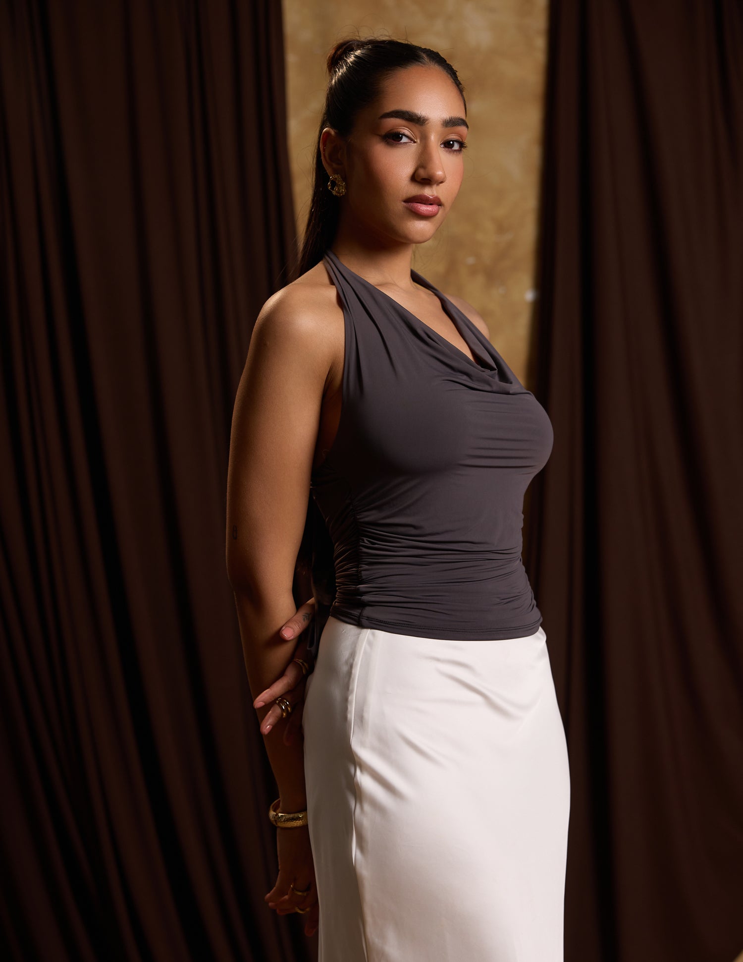 Front Cowl Neck Side Ruched Neck Tie Up Fitted Top