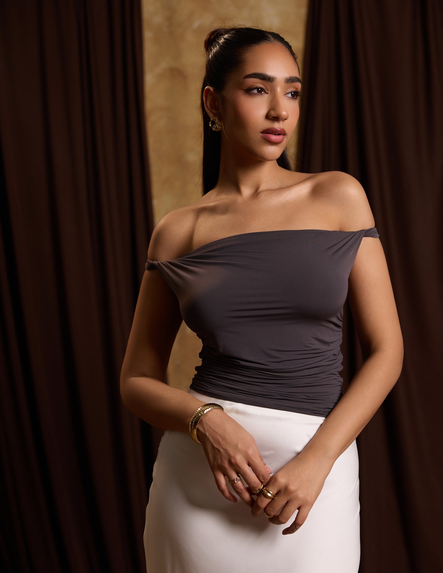 Front Cowl Neck Side Ruched Neck Tie Up Fitted Top