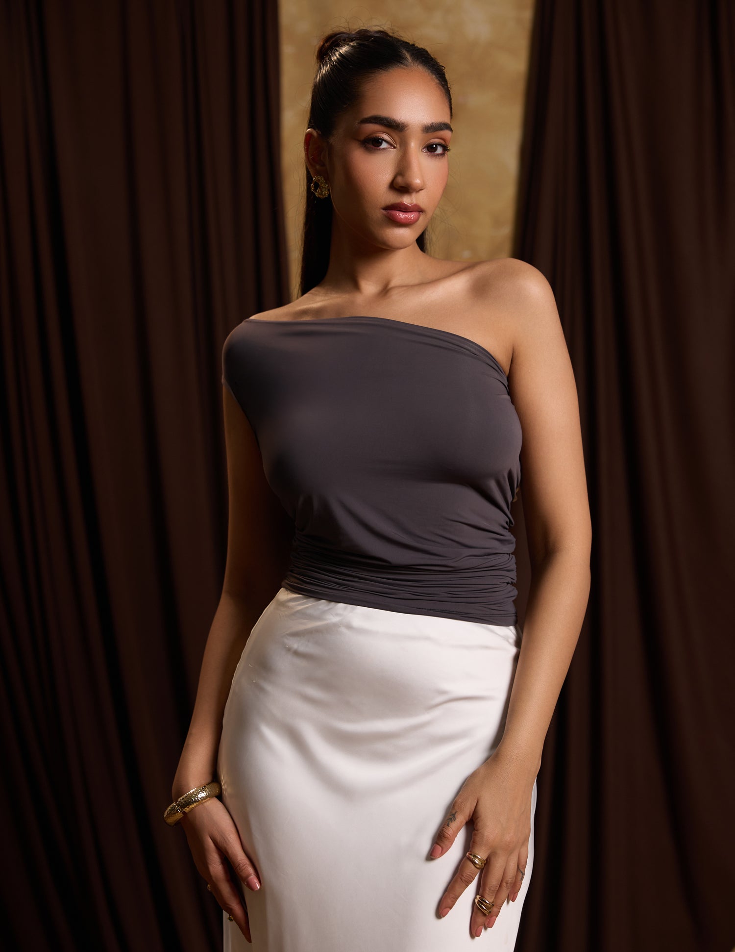 Front Cowl Neck Side Ruched Neck Tie Up Fitted Top