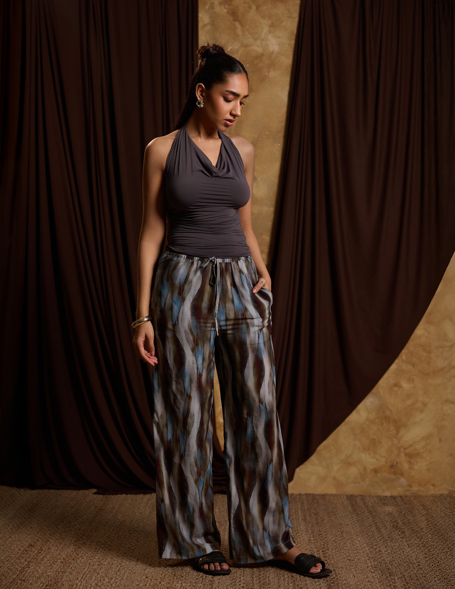 Front Cowl Neck Side Ruched Neck Tie Up Fitted Top