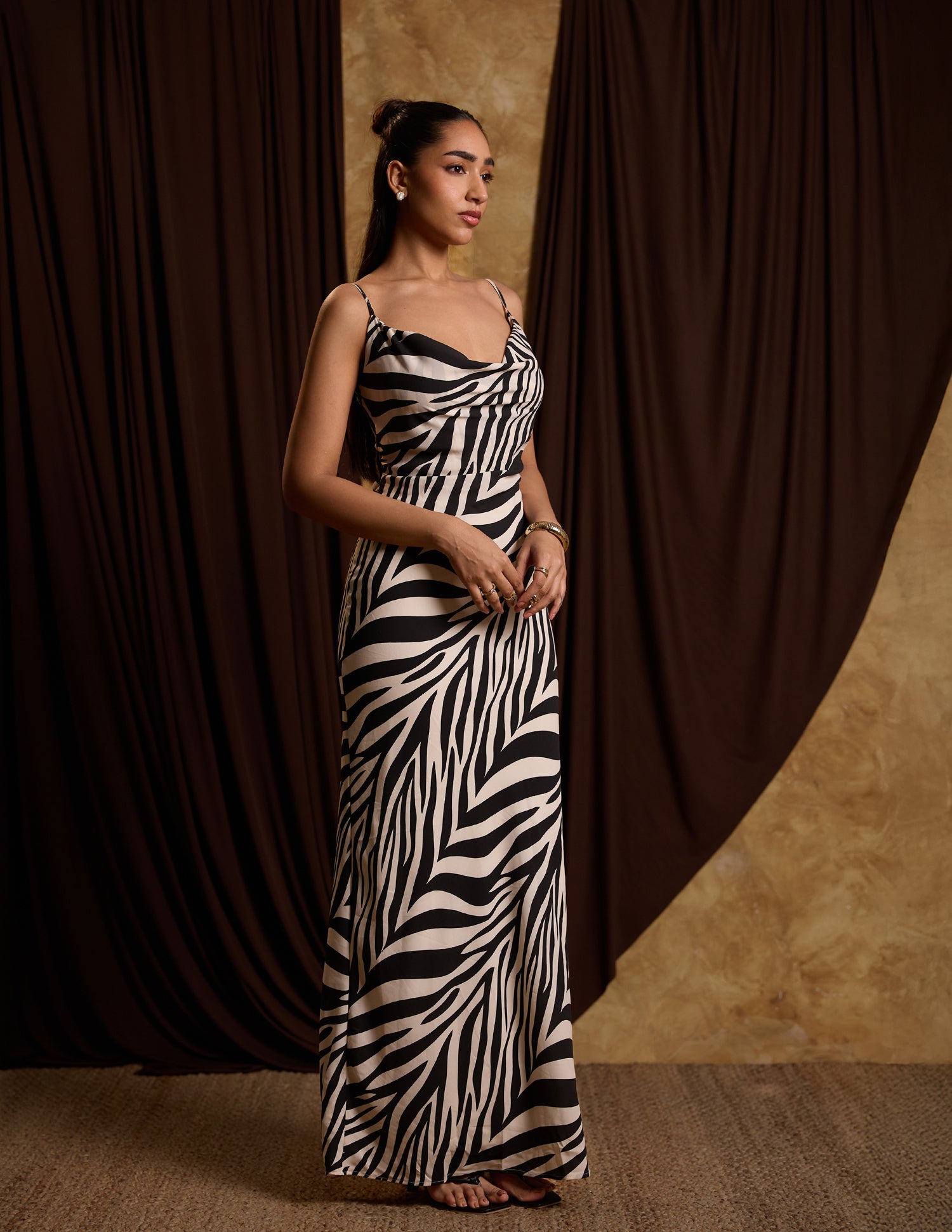 Front Cowl Neck Printed Maxi Dress
