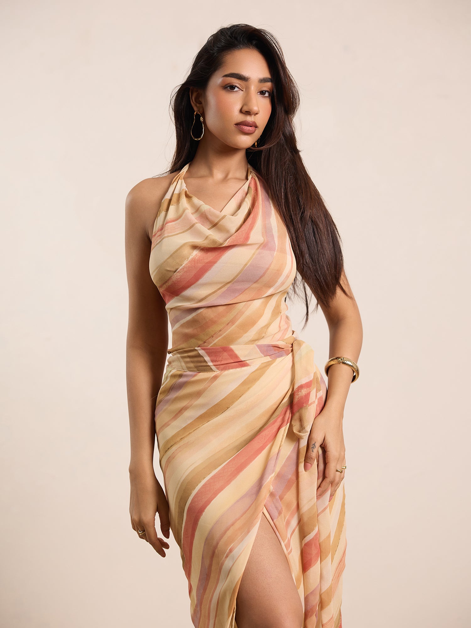 High Neck Cowl Tie Up Top