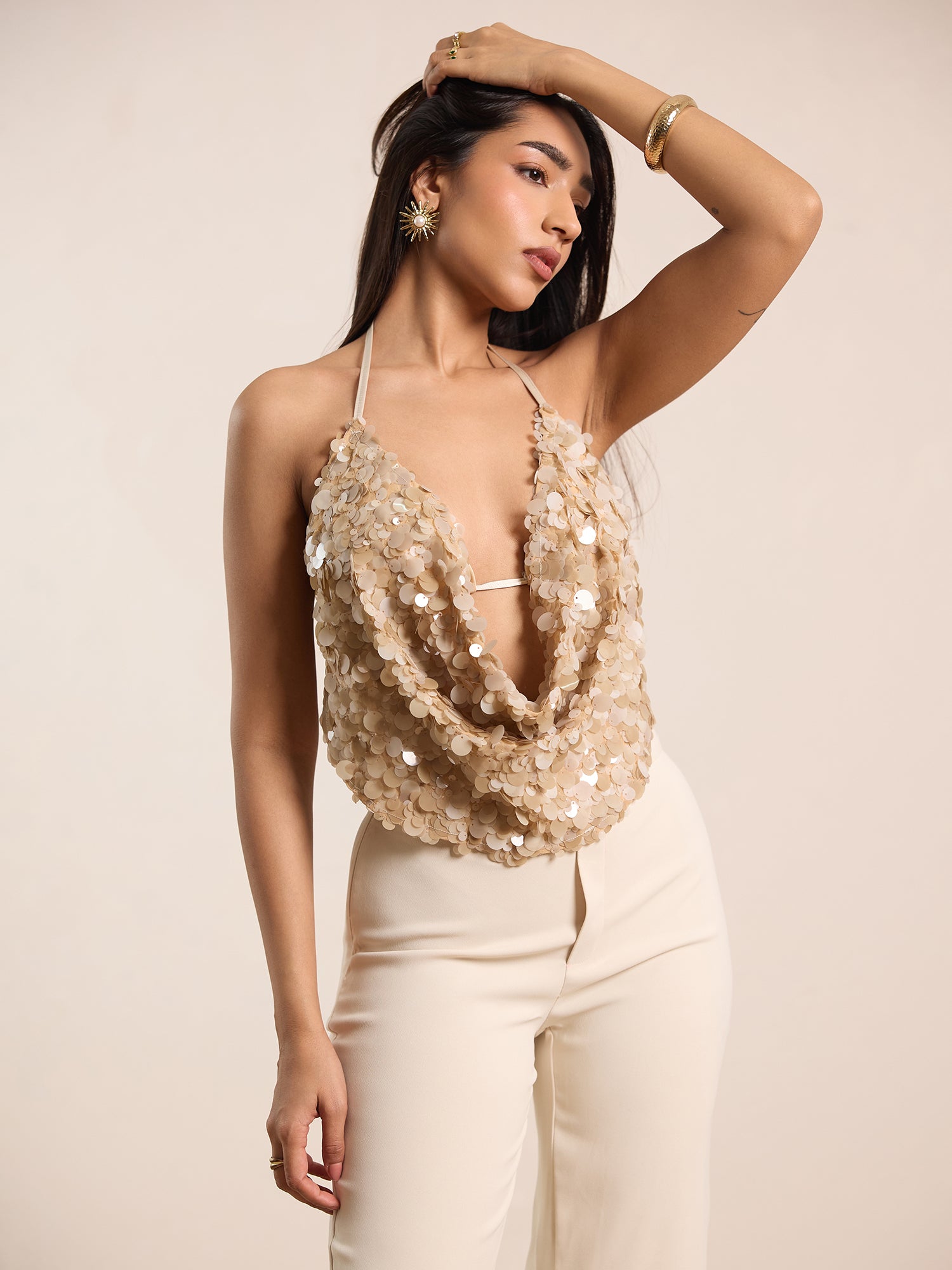 Front Deep Cowl Neck Tie Up Sequin Top