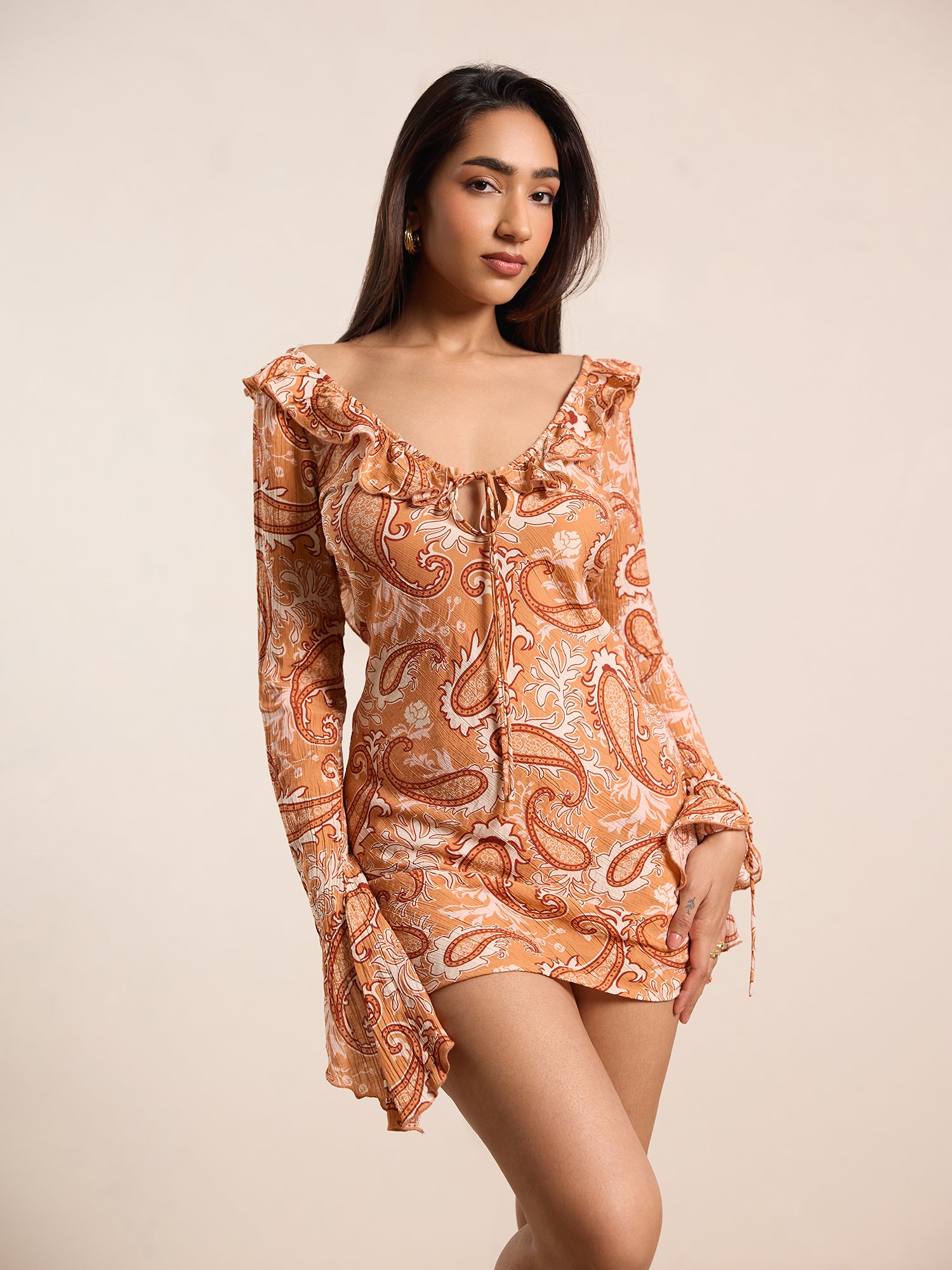 Frill Detailed Tie Up Printed Mini Dress