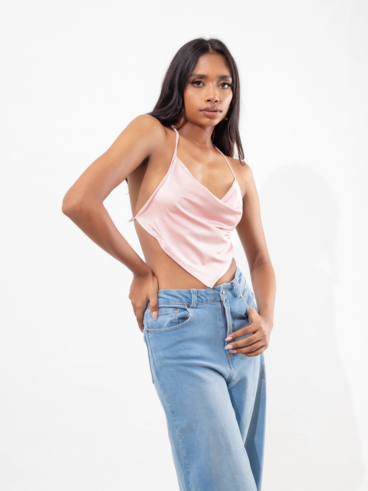 Back Tie Up Cowl Neck Top