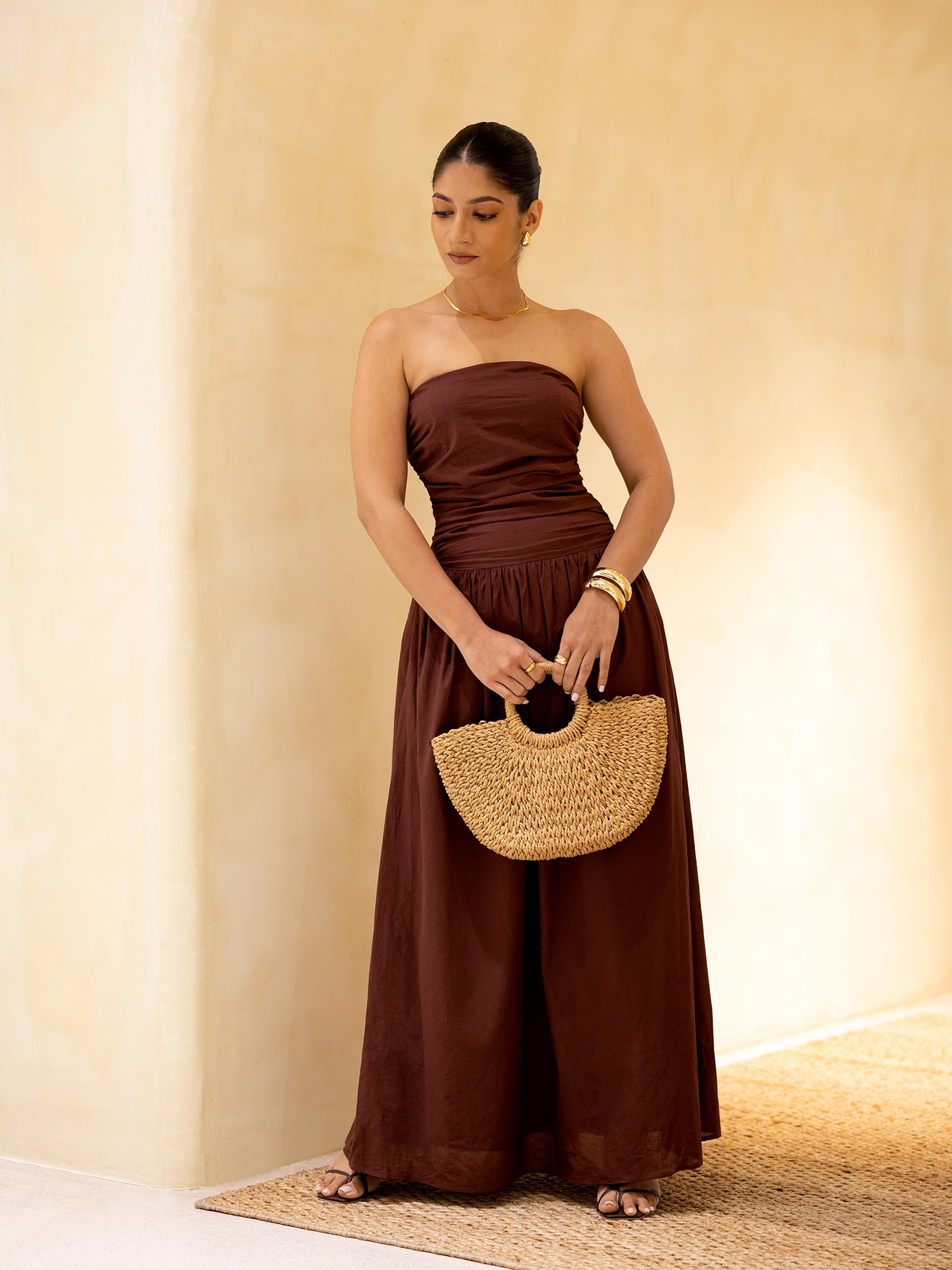 Back Smocking Side Ruched Maxi Dress