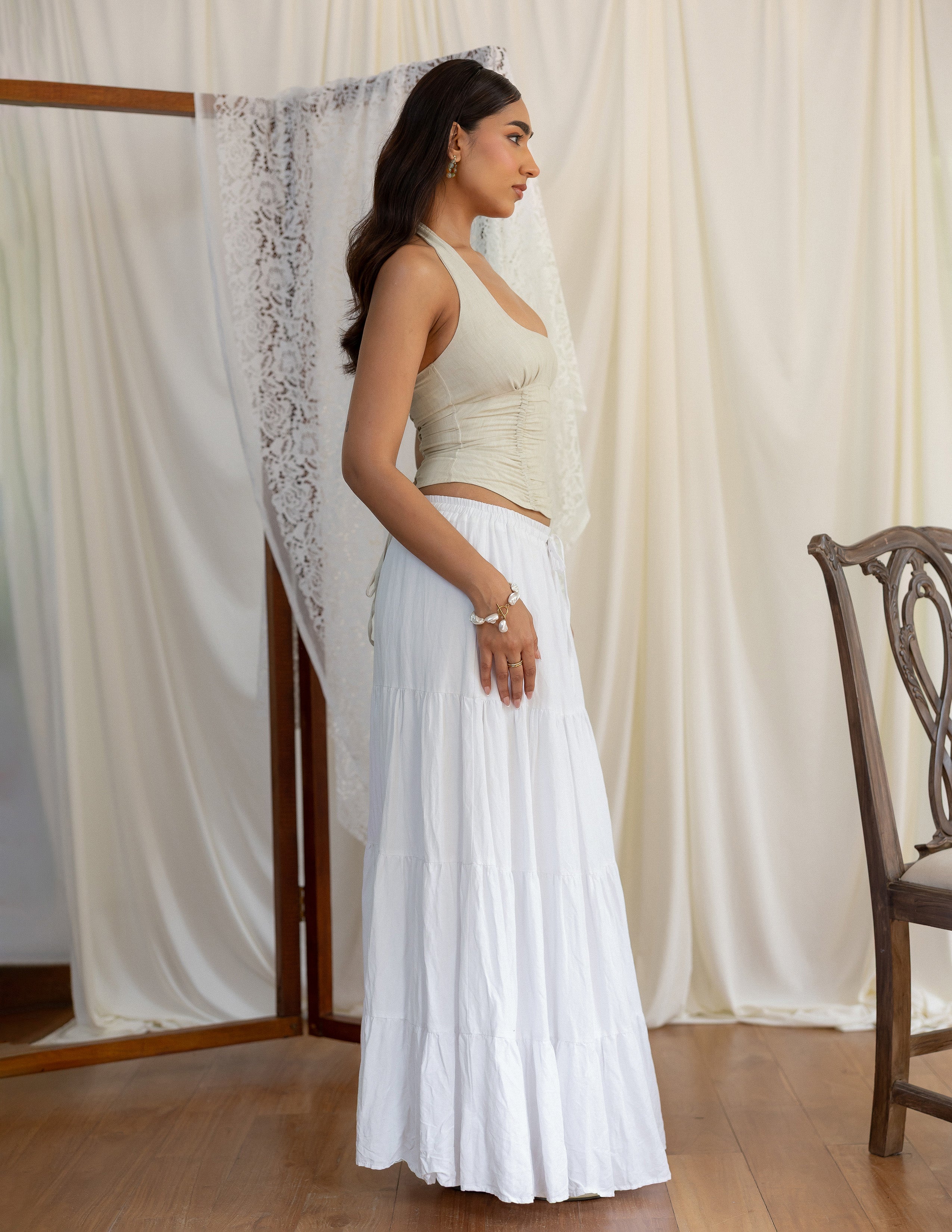 Front Gathered Halter Neck Back Tie Up Top